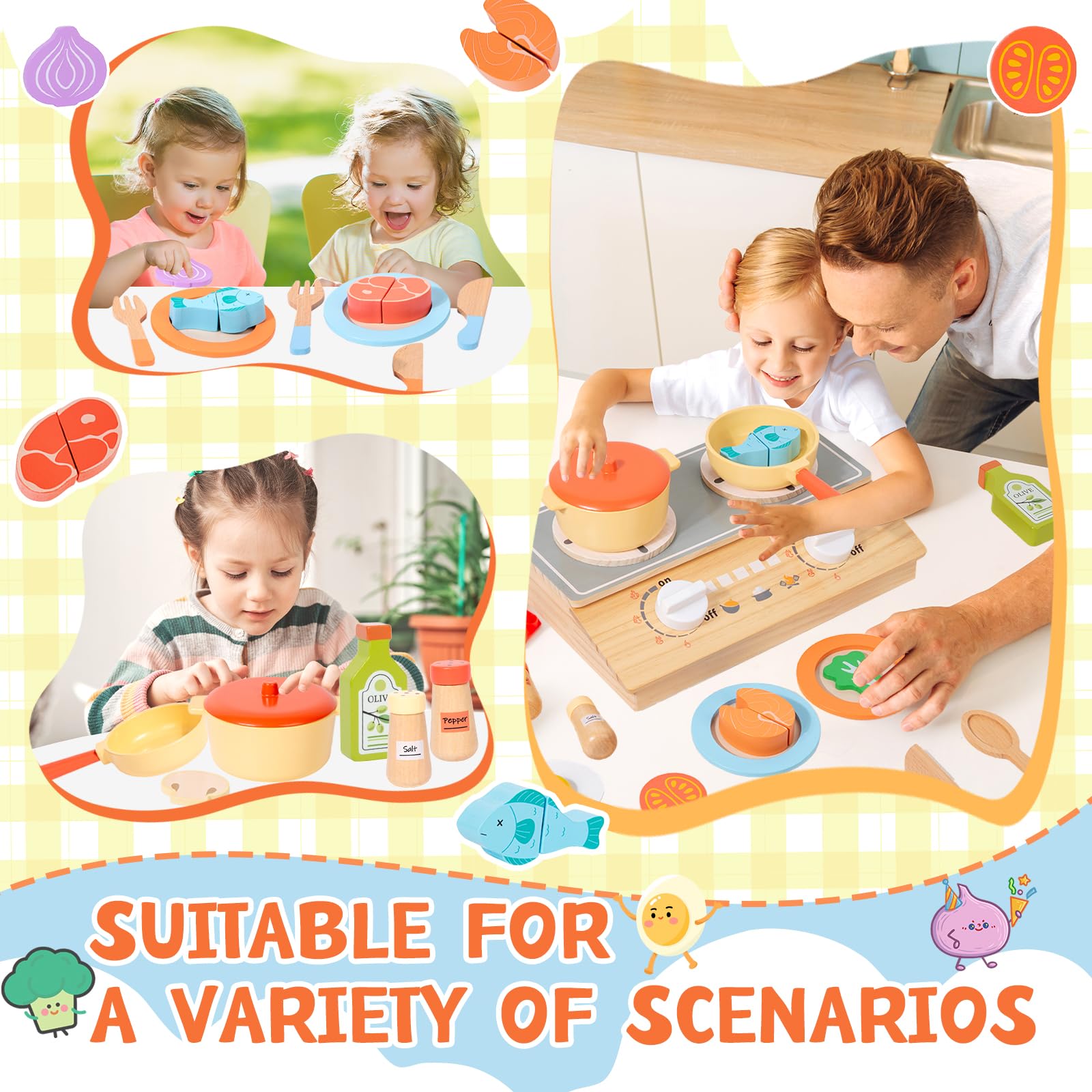 Accesorios Cocina Juguetes,Juguetes de Cocina para Niños Accesorios,Utensilios Cocina Juguete,Juego de Ollas y Sartenes,Frutas y Verduras Juguete,Cocinitas de Juguetes para Niños Niñas 3+ Años