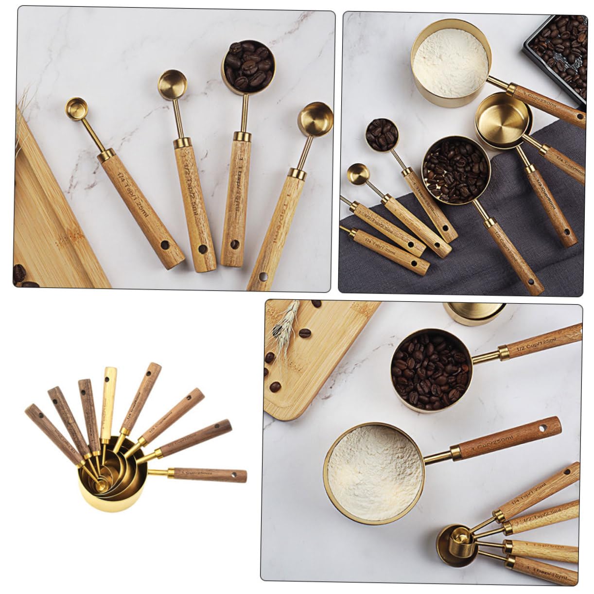 SHOWERORO 8piezas Cucharas Medidoras De Inoxidable Apilables Con Mango De Madera Para Cocina y Repostería Para Ingredientes Con