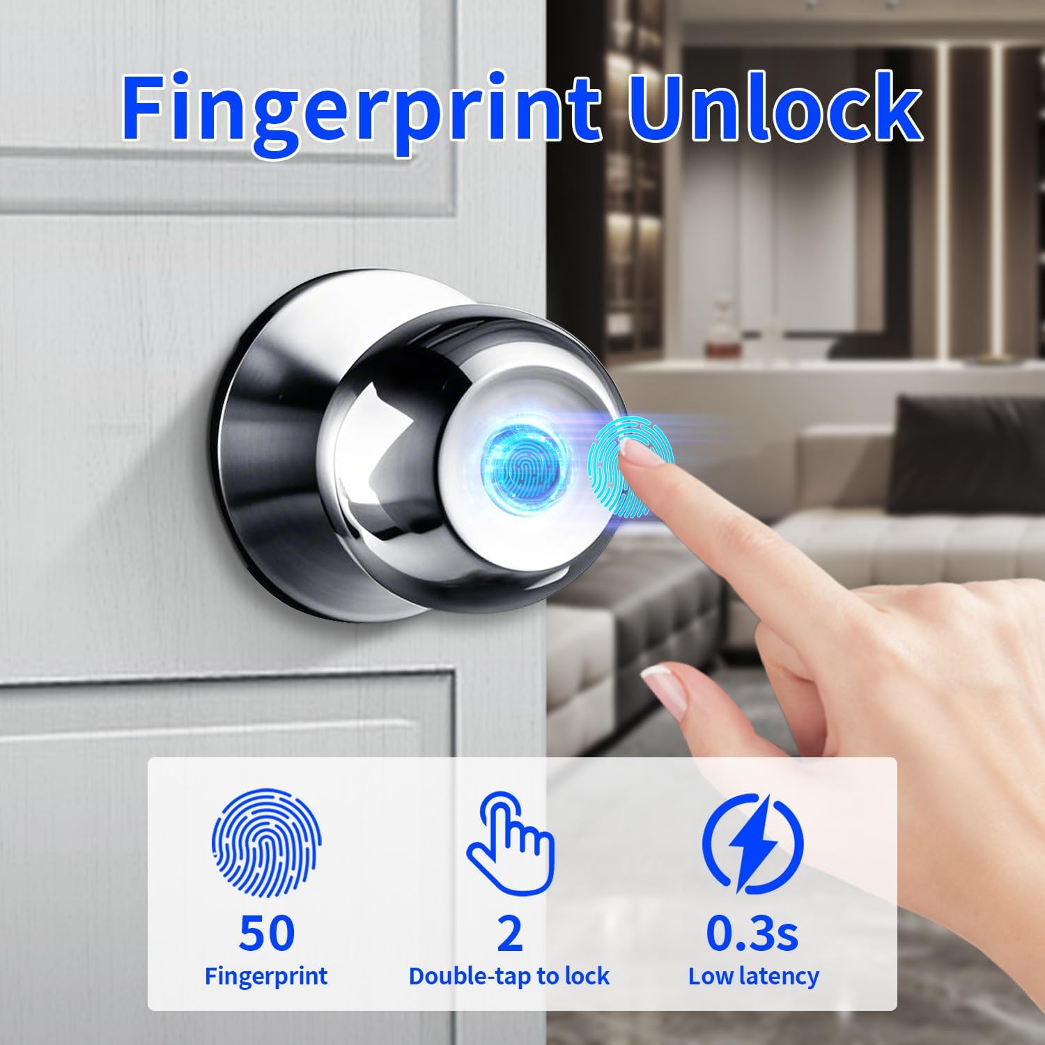 Smart Fingerprint Door Lock with App Control & Key, Double-Tap Auto-Lock, Biometric Door Knob for Bedroom, Apartment, Office, Hotel, Garage - Silver