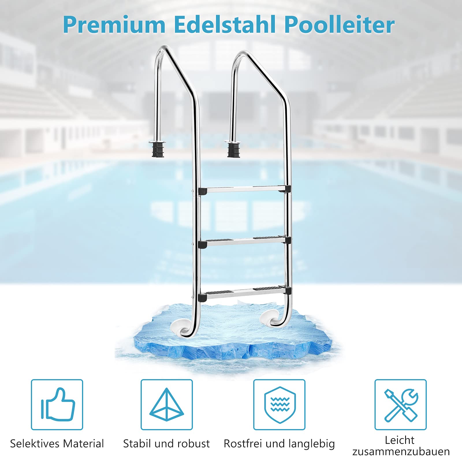 COSTWAY 3 stufiger Edelstahl Poolleiter, Schwimmbad Leiter bis 150kg belastbar, Einstiegsleiter Silber, Schwimmbadleiter rutschfest, Einbauleiter 53 x 63 x 147 cm