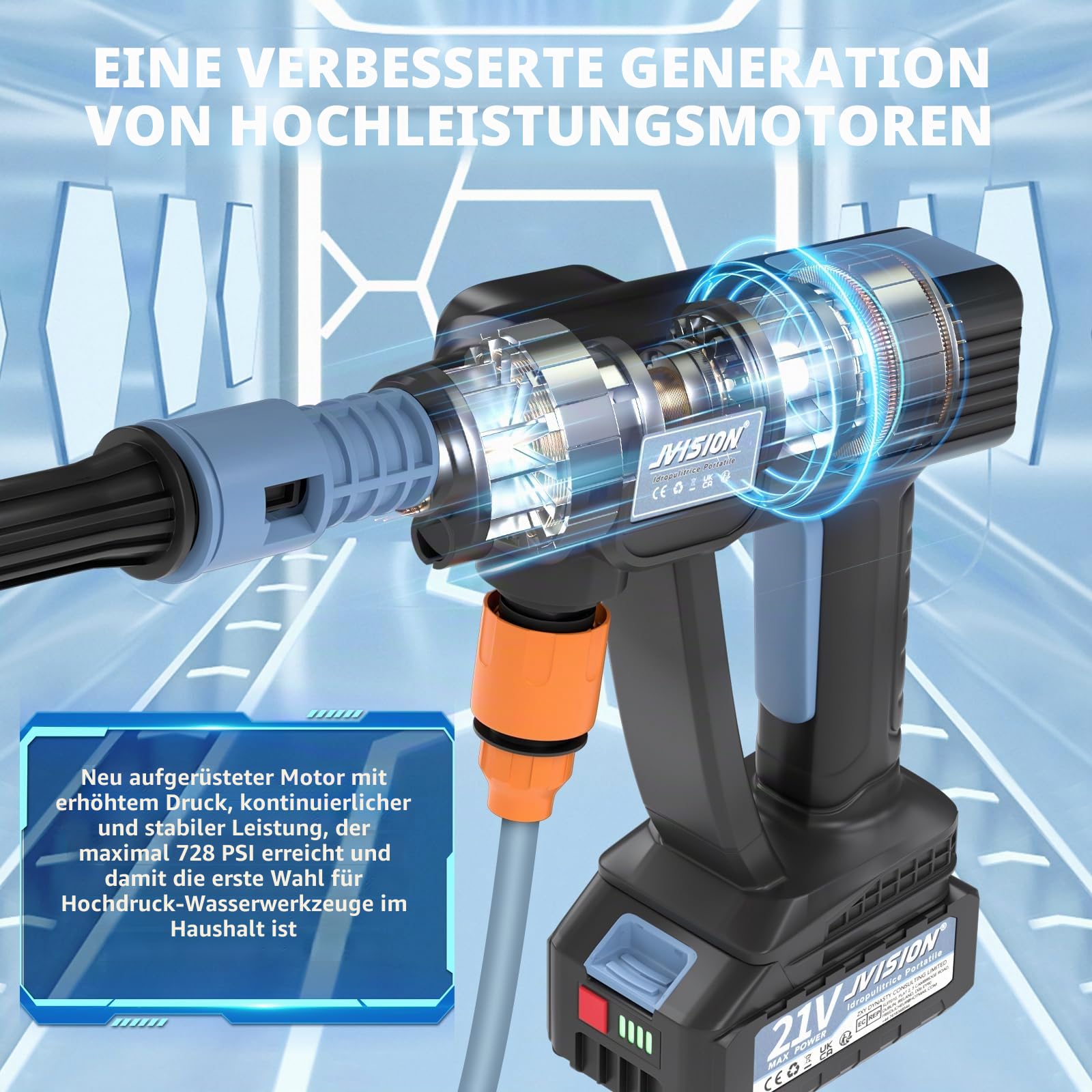 JVISION Akku Hochdruckreiniger Mobiler mit Wasserhahnanschluss & 2X 4000mAh Akku, Kabelloser Pressure Wascher mit 6-in-1 Düse für Auto, Terrasse, Hausreinigung