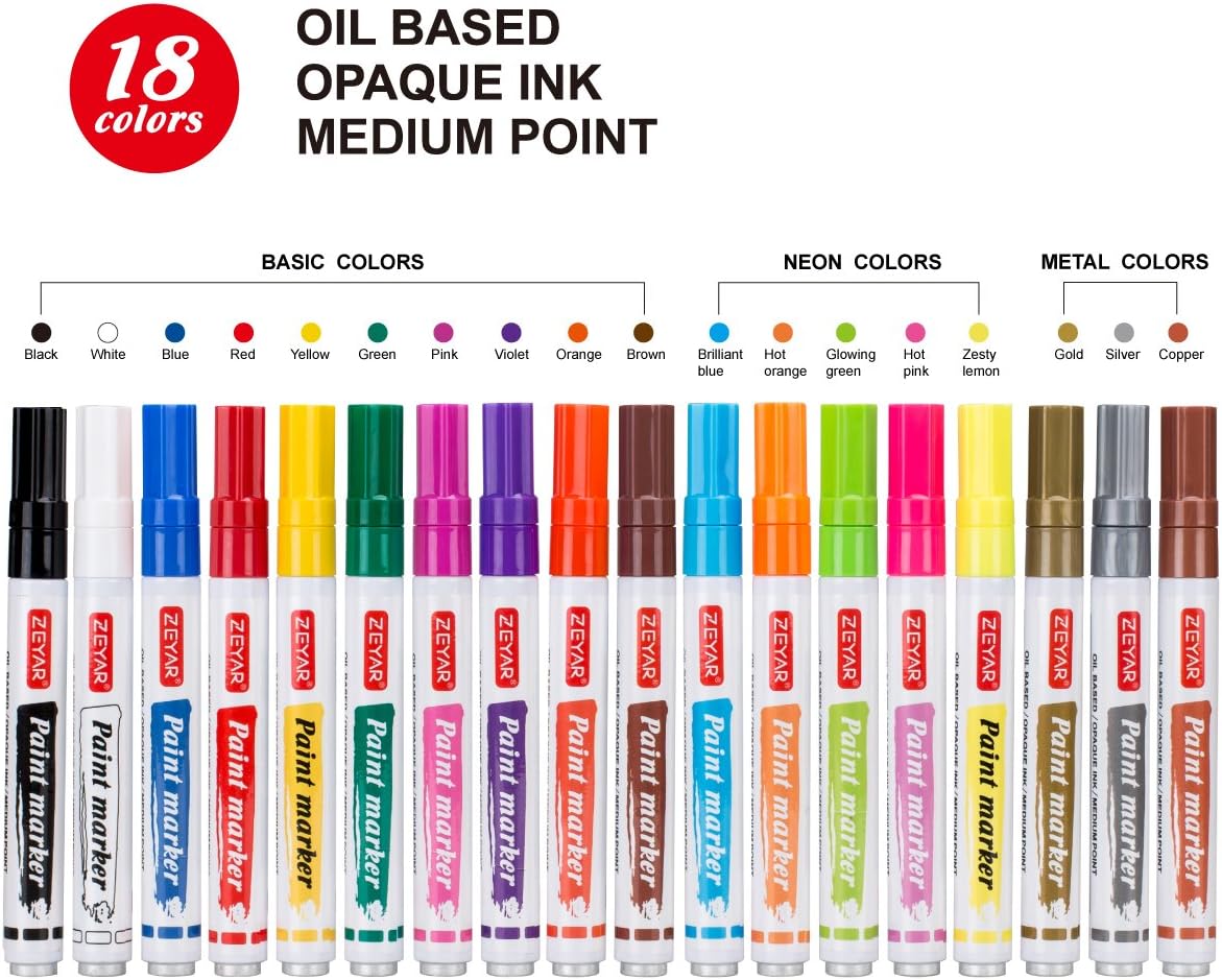 ZEYAR Paint Markers, 18 Colors, Medium Point, Permanent & Waterproof ink, Expert of Rock Painting, Oil-Based, Great on Mug, Rock, Glass, Canvas, Metal and more