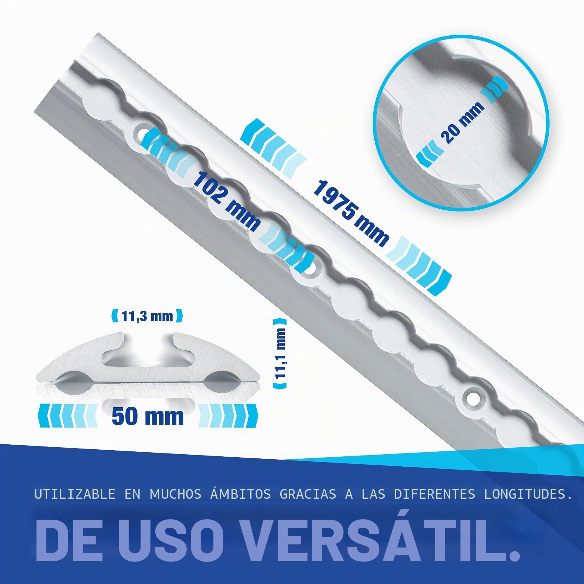 Riel de amarre Airline de aluminio 4 x 2 m, forma redonda, semirredonda, con perforaciones 2 m, set de iniciación 1975 mm, con 20 accesorios de aluminio