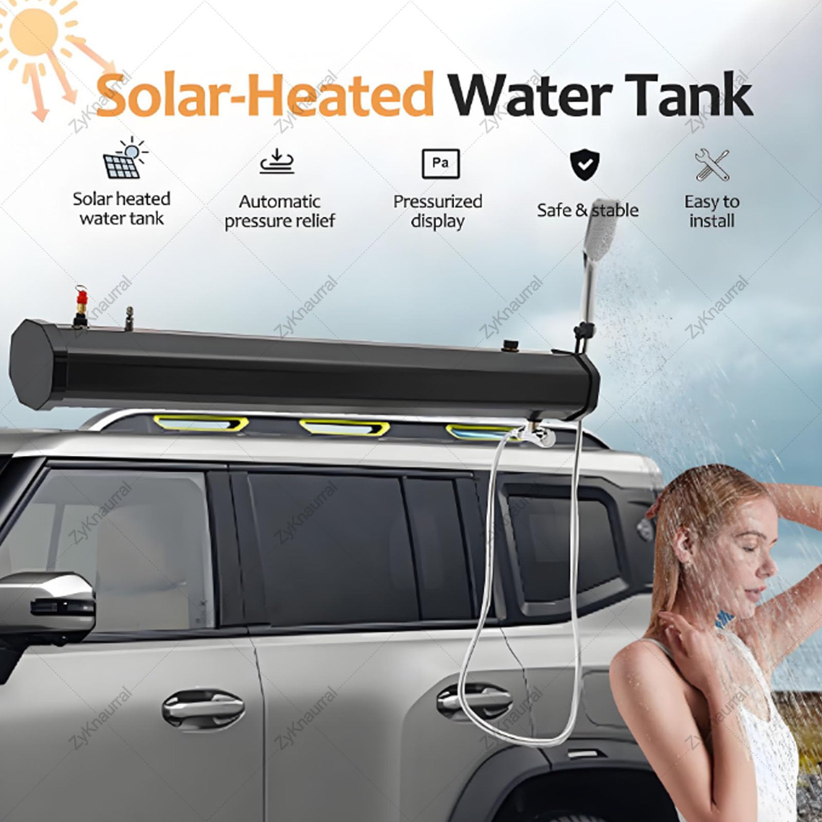Depósito de agua autopresurizado para autocaravanas y todoterrenos - Ducha solar para portaequipajes | Universal para portaequipajes, lavaderos y duchas exteriores,20L/5.28Gal