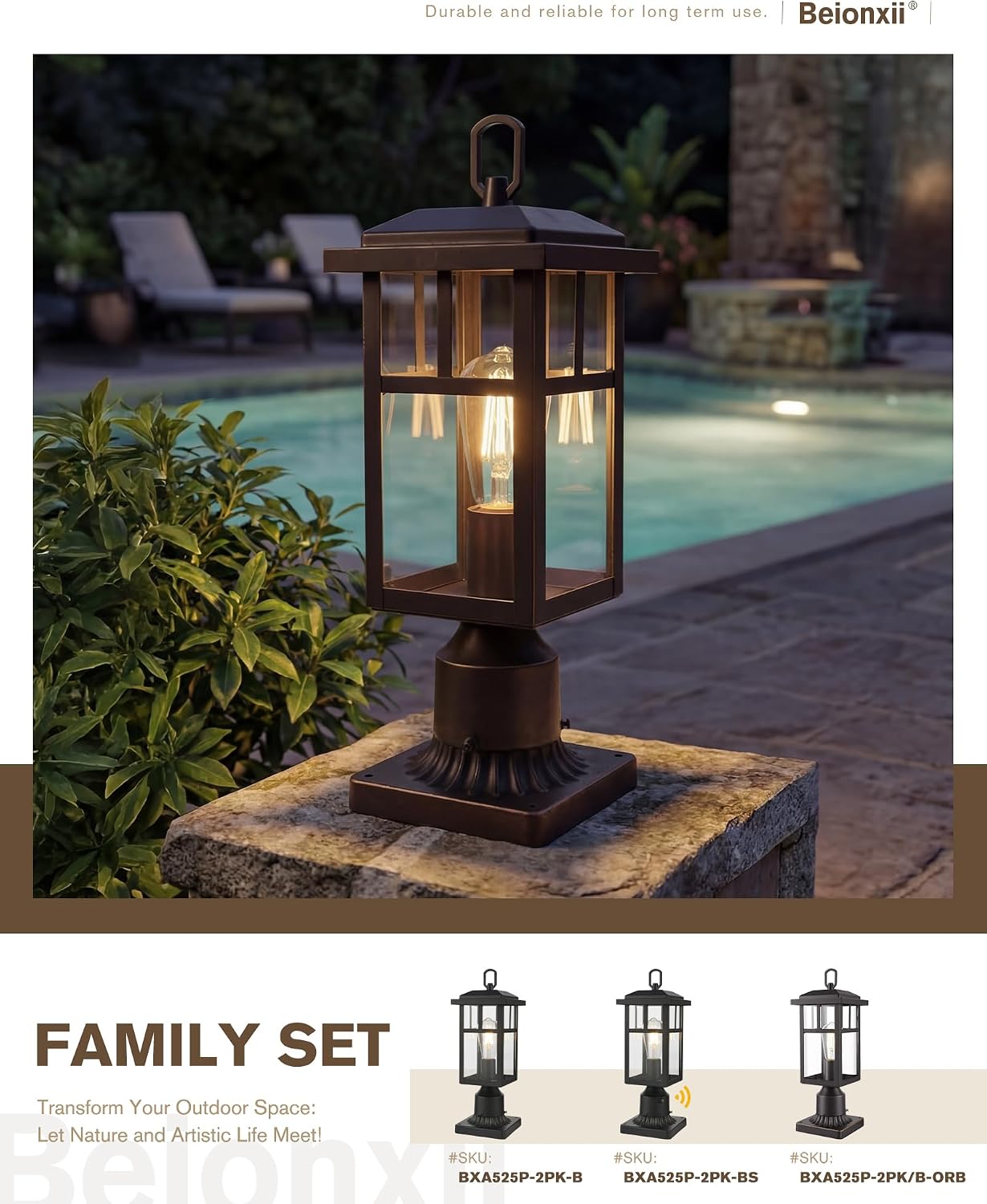 Beionxii 17 in Oil Rubbed Bronze Outdoor Post Lights 2 Pack for Outside with Pier Mount Base, Waterproof Aluminum Housing,ORB Column Mount Light(Hardwired 120V), BXA525P-2PK/B-ORB