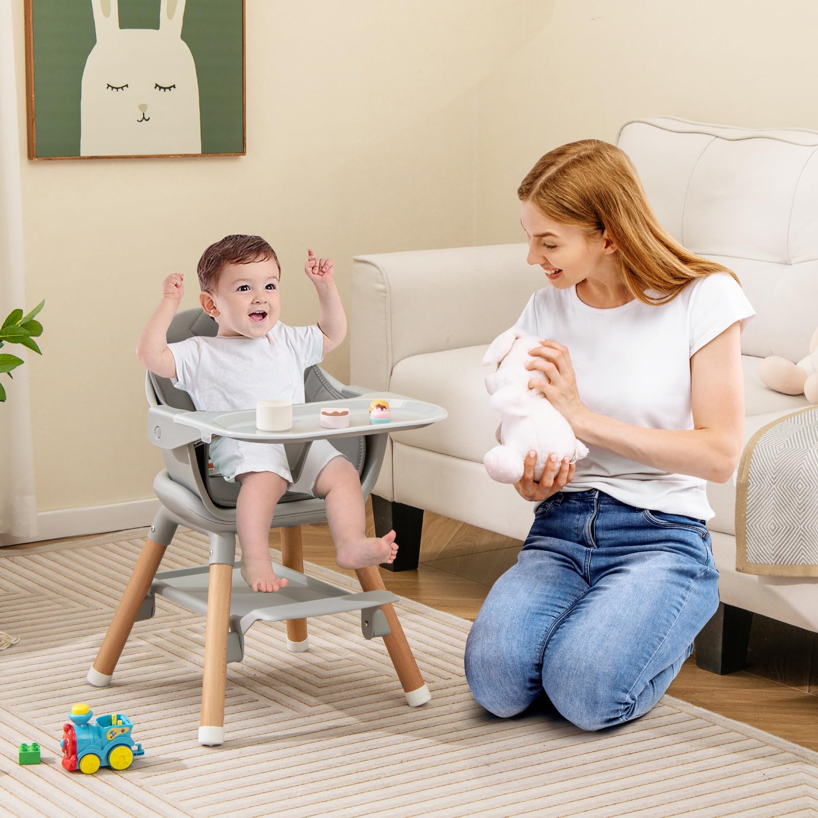 GLACER Baby High Chair, 6 in 1 Convertible Wooden Highchairs for Babies and Toddlers with Foot Rest, Removable Double Tray, Easy to Clean PU Seat Cushion, Safety Harness and Solid Wood Legs (Grey)