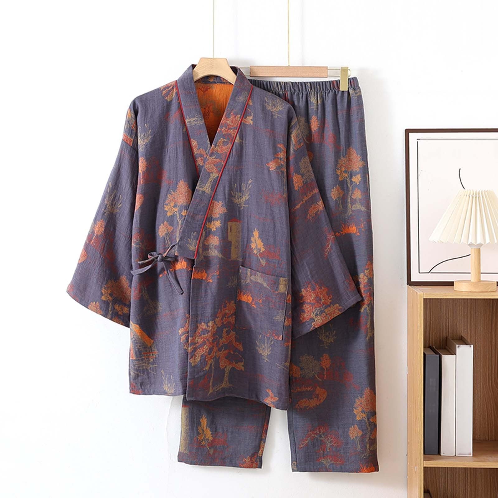 Vestaglia da donna, kimono giapponese, da uomo, con motivo a onde, kimono, pigiama con scollo a V, set di cappotti da sauna in cotone