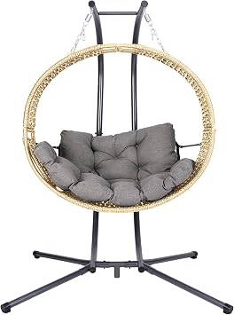 Yellow Double Egg Swing Chair with Stand Hanging Egg Chair with Convertible Armrests, Reclining for OutdoorGray+Yellow