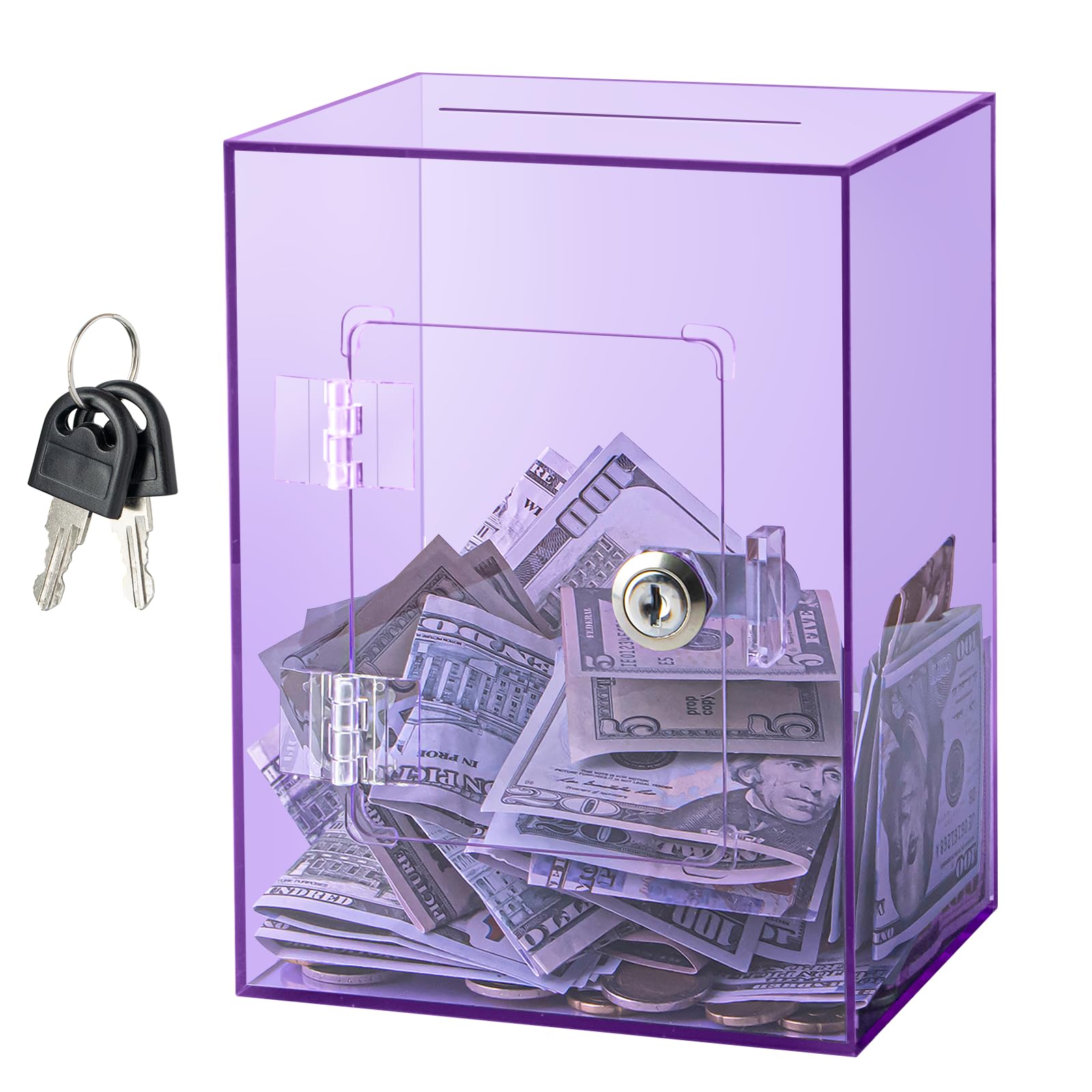 Hicocool Clear Piggy Bank with Lock, Acrylic Piggy Bank for Adults Kids Openable, Reusable Money Saving Box with Key for Birthday (Purple)