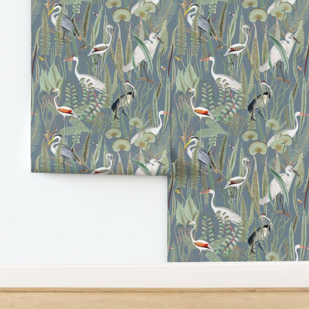 Removable Wallpaper 9ft x 2ft - Cranes Herons Slate Blue Gray Large Scale Birds Wildlife Coastal Custom Pre-Pasted Wallpaper by Spoonflower