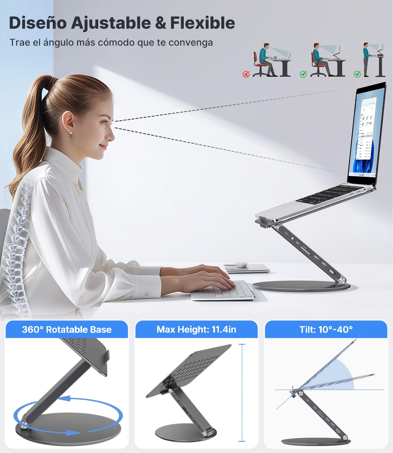 KU XIU Soporte Ajustable Portátil con Estación de Acoplamiento 8-en-1 | Soporte Aluminio con Hub USB, Base Giratoria de 360°, Doble Pantalla 4K USB3.0 PD100W Para todos los portátiles de 10-17''