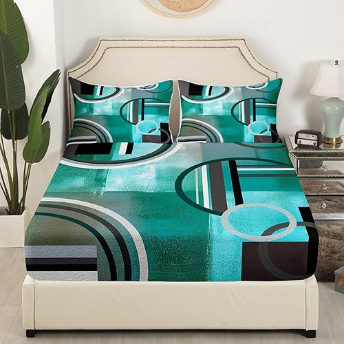 Miniatura 3 de Sábana bajera moderna de color turquesa para niños, adolescentes y jóvenes, sábanas geométricas a rayas, tamaño individual, sábanas de mediados de
