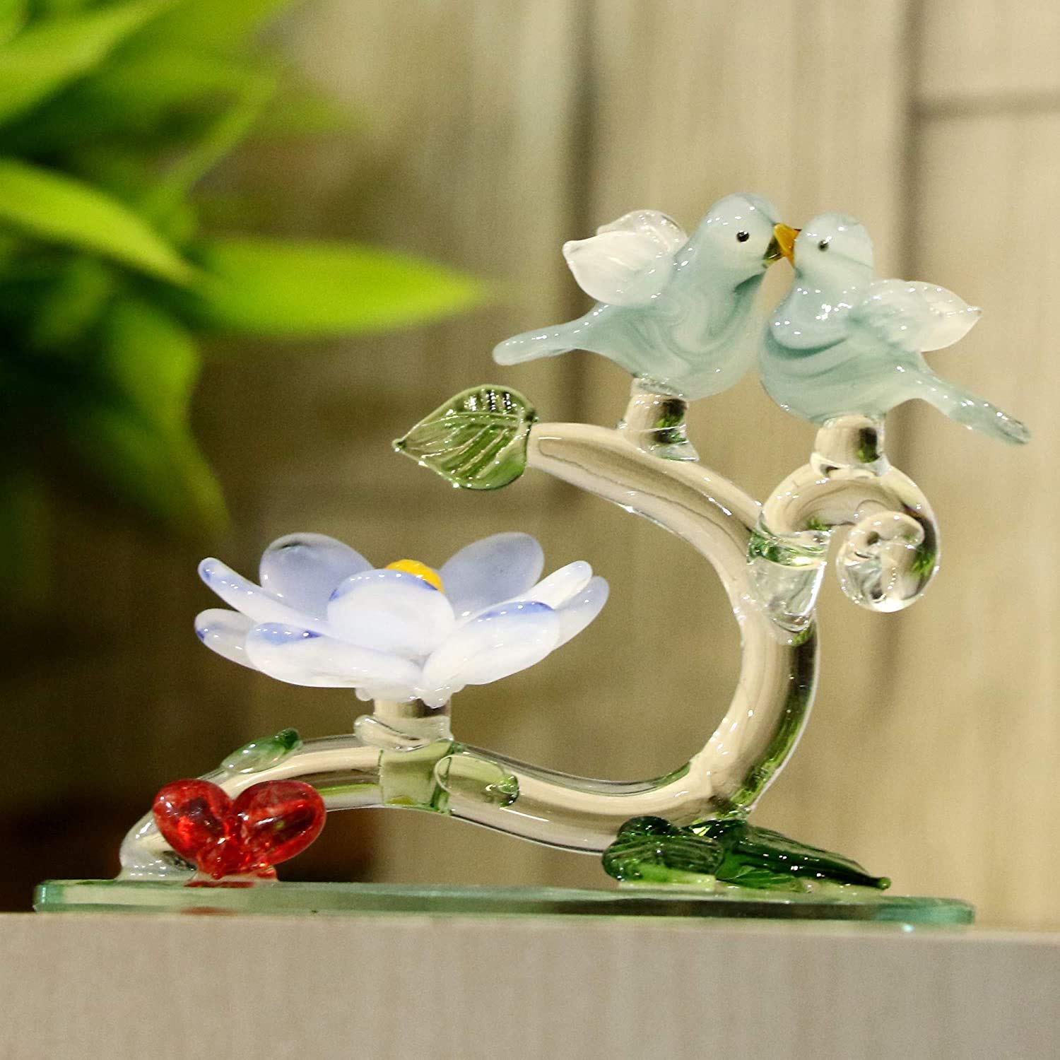 Somil Love Making Bird Pair On A Lily Flower Tree with Heart Decorative Tabletop Crystal Glass Gift Showpiece, Multi, Made by Hand from Expert Artisans Pack of 1