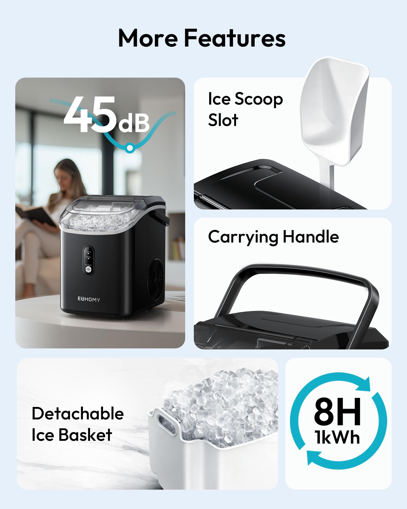 EUHOMY Nugget Ice Maker Countertop with Handle, Ready in 6 Mins, 34lbs Per Day, Removable Top Cover, Auto-Cleaning, Portable Sonic Ice Maker with Basket and Scoop, for Home/Party/RV/Camping (): Black