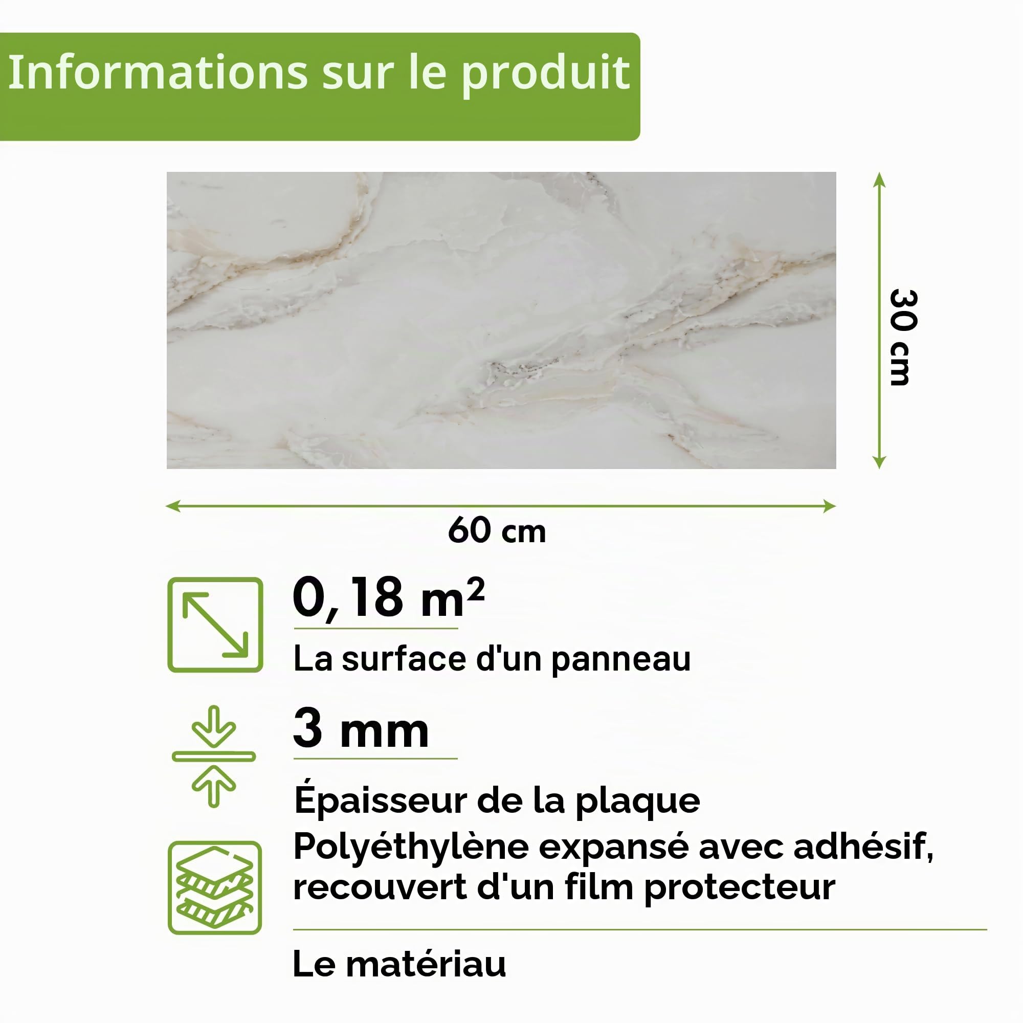 Grace Baltic Lot de 6 panneaux muraux autocollants, élastiques, 1,08 m², en PVC, aspect marbre, décoration murale, épaisseur 2 mm, blanc/marron