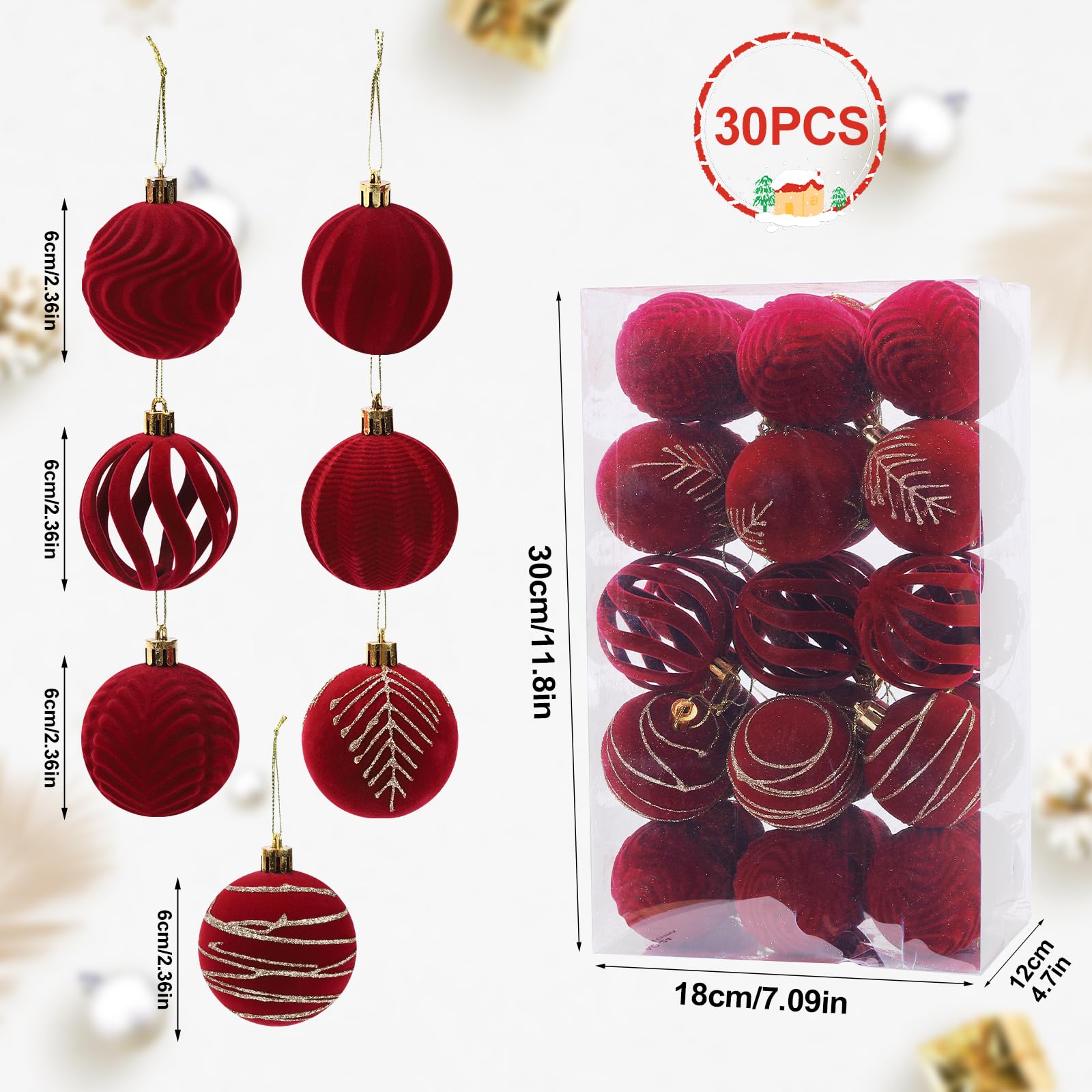 Palline di Natale in velluto, 30 pezzi, 6 cm, decorazioni per albero, set di palline floccate da appendere per vacanze, matrimoni, feste di compleanno (rosso)