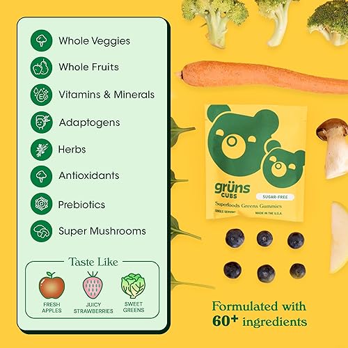 Miniatura 2 de Gruns Kids Vitamins, Super Greens Gomitas, Superfood Gummy Bears sin azúcar con espirulina, clorella, fibra de prebióticos para la salud digestiva,