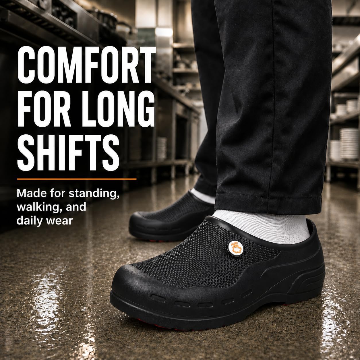 LIPROFE Chef Shoes for Men & Women, Slip Resistant Non Slip Clogs with Cushioned Insole, Slip-On, Easy Clean, Kitchen & Restaurant, Food Service Shoes, Black