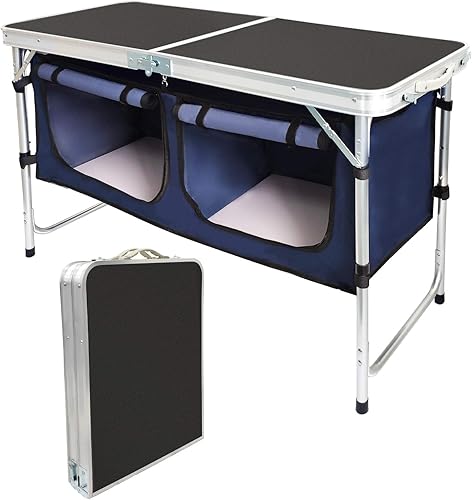 Mesa plegable para exteriores, mesas plegables de camping con 3 patas de altura ajustable y organizador de almacenamiento para barbacoa, fiesta,