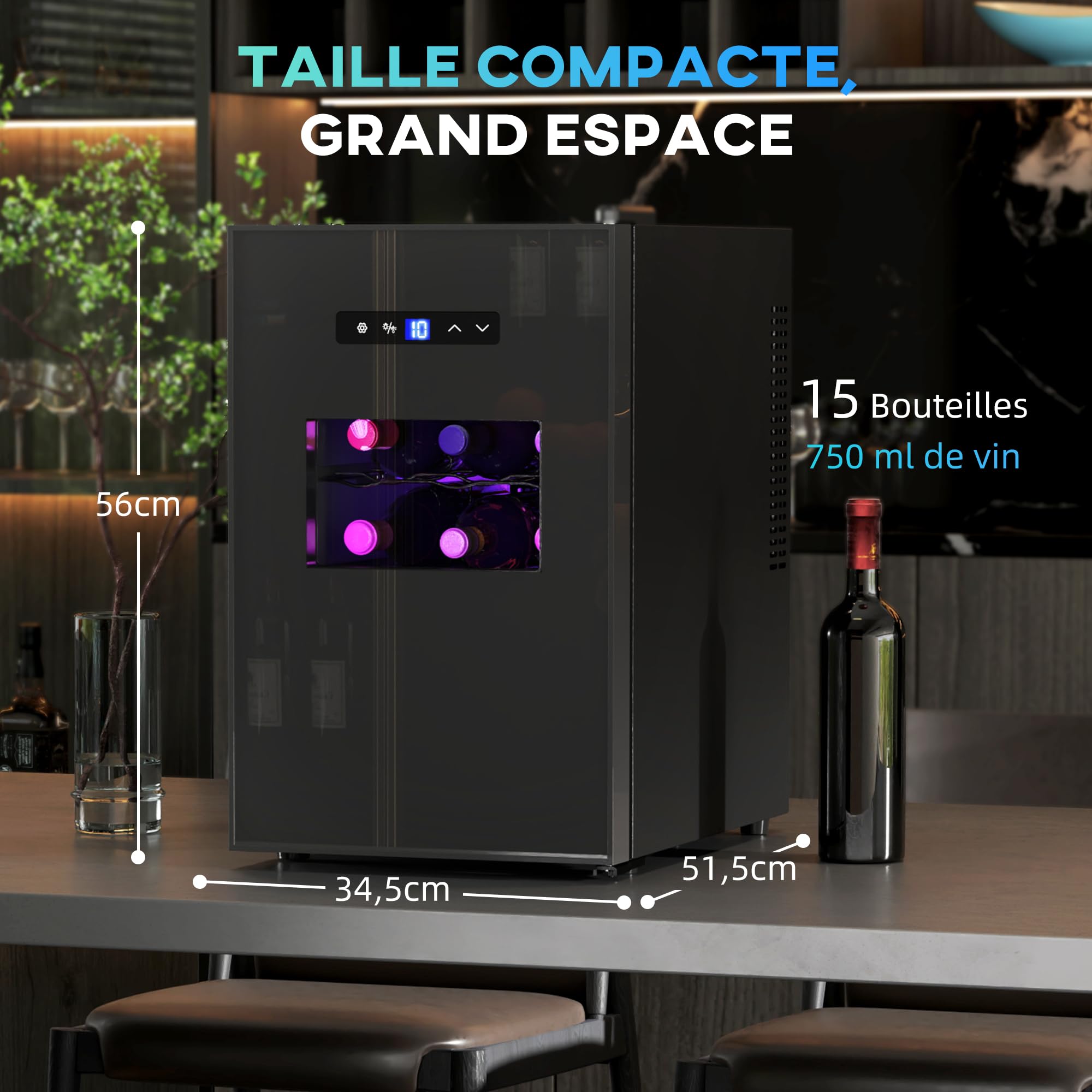 HOMCOM Cave à vin 15 bouteilles 39L réfrigérateur thermoélectrique silencieux porte verre LED écran tactile numérique contrôle température 8-18°C noir