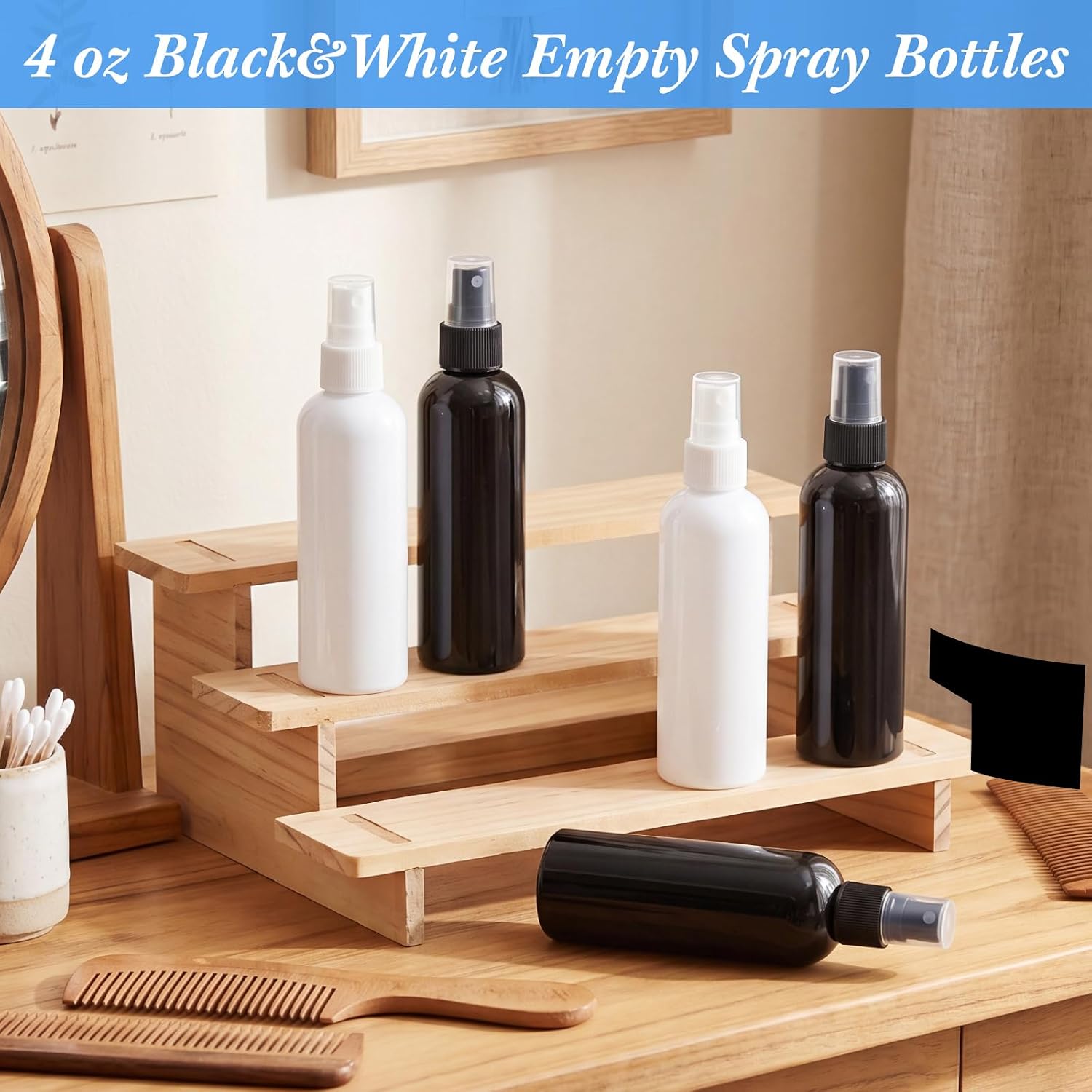 Kigley 100 Pcs Plastic Spray Bottles 4 oz Empty Fine Mist, Black and White
