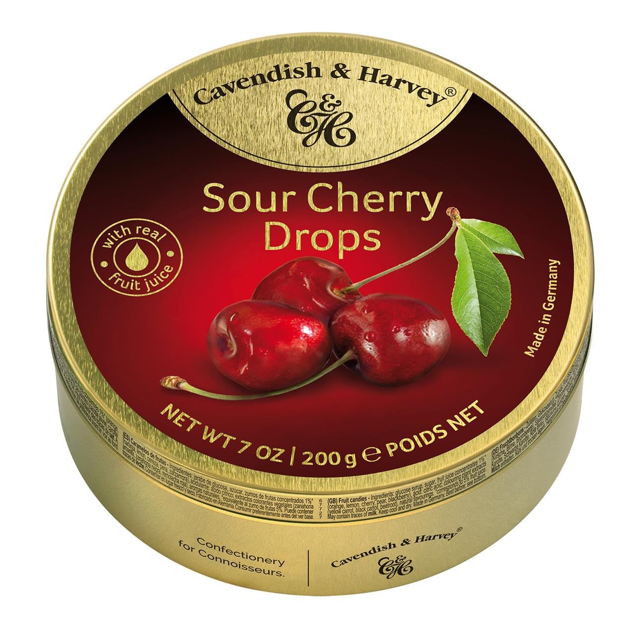 Pack of 3 Cavendish & Harvey Sour Cherry Fruit Drops in Tin – Premium Fruity Travel Sweets made with Real Fruit Juice, Vegan Friendly Confectionery Hard-Boiled Candies – Each H4 x 9.7cm Diameter, 200g