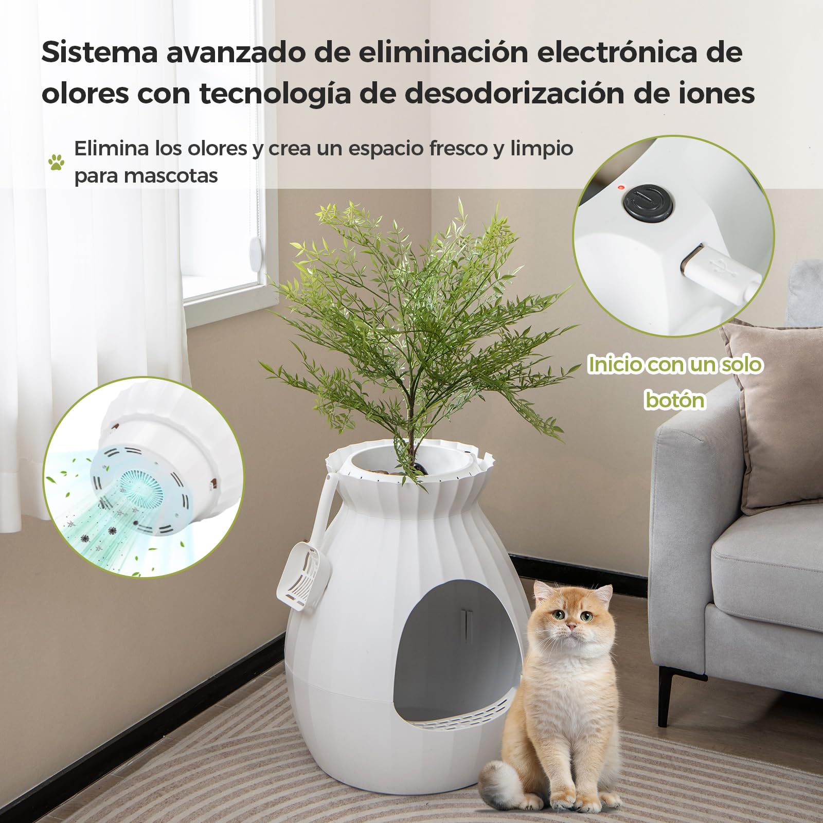 COSTWAY Caja de Arena Oculta, Incluye Planta Sintética Eliminación Electrónica de Olores y Esterilización, Caja De Arena para Plantas para Gatos (Blanco)