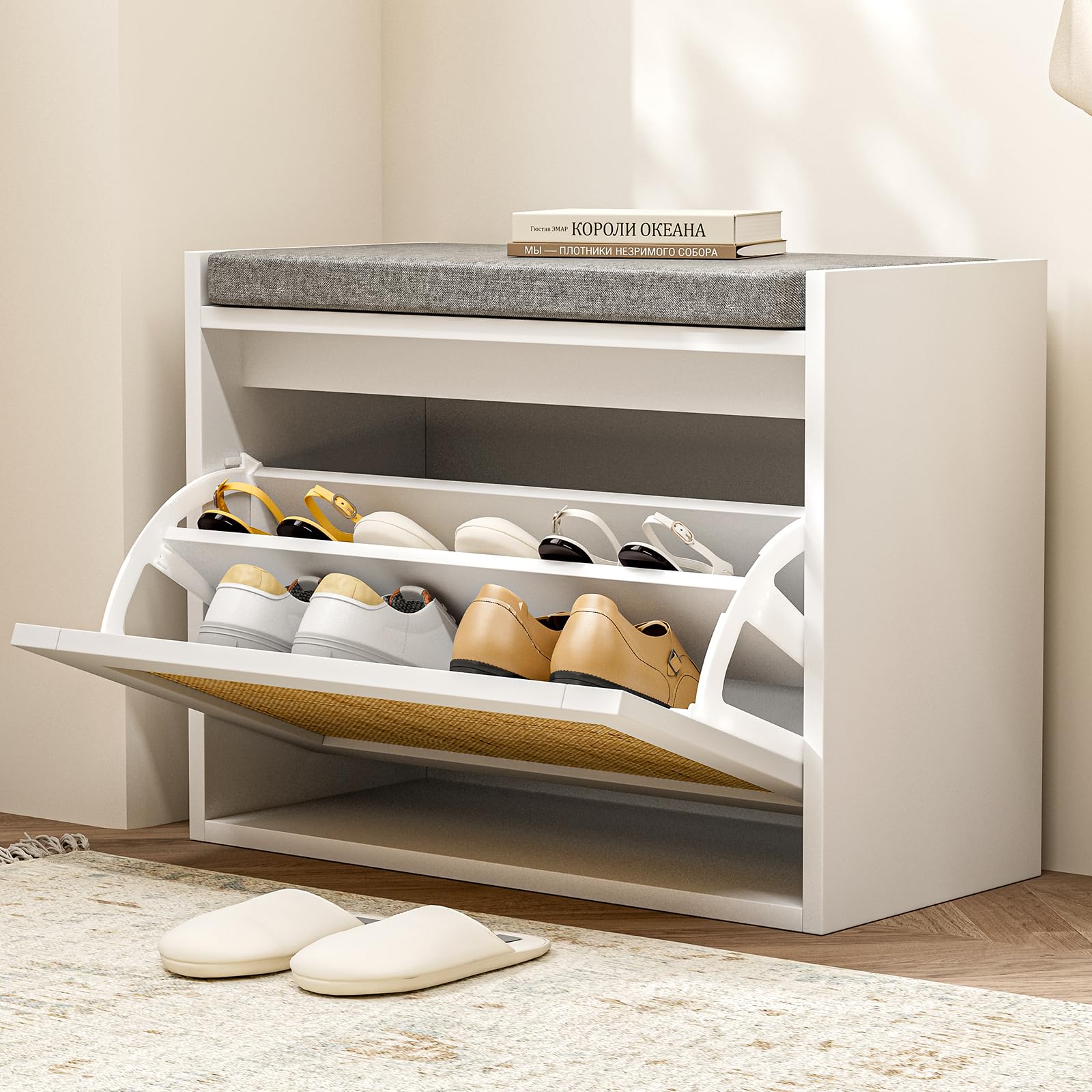 Photo 1 of ZttRiee Rattan Shoe Storage Bench with Seat Cushion & Flip-Drawer, Shoe Cabinet for Entryway, Playroom, Bathroom, White, 11.8 x 23.8 x 19.1 Inches