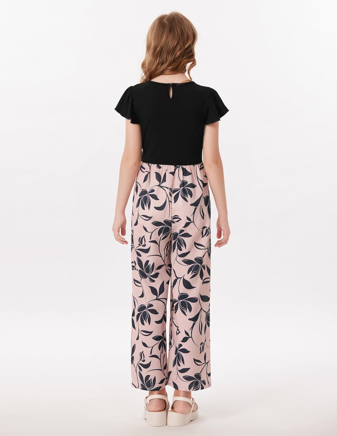 GRACE KARIN Girls Floral Jumpsuit Kids Flutter Sleeve Belted Wide Leg Romper One Piece Summer Outfits - Image 2