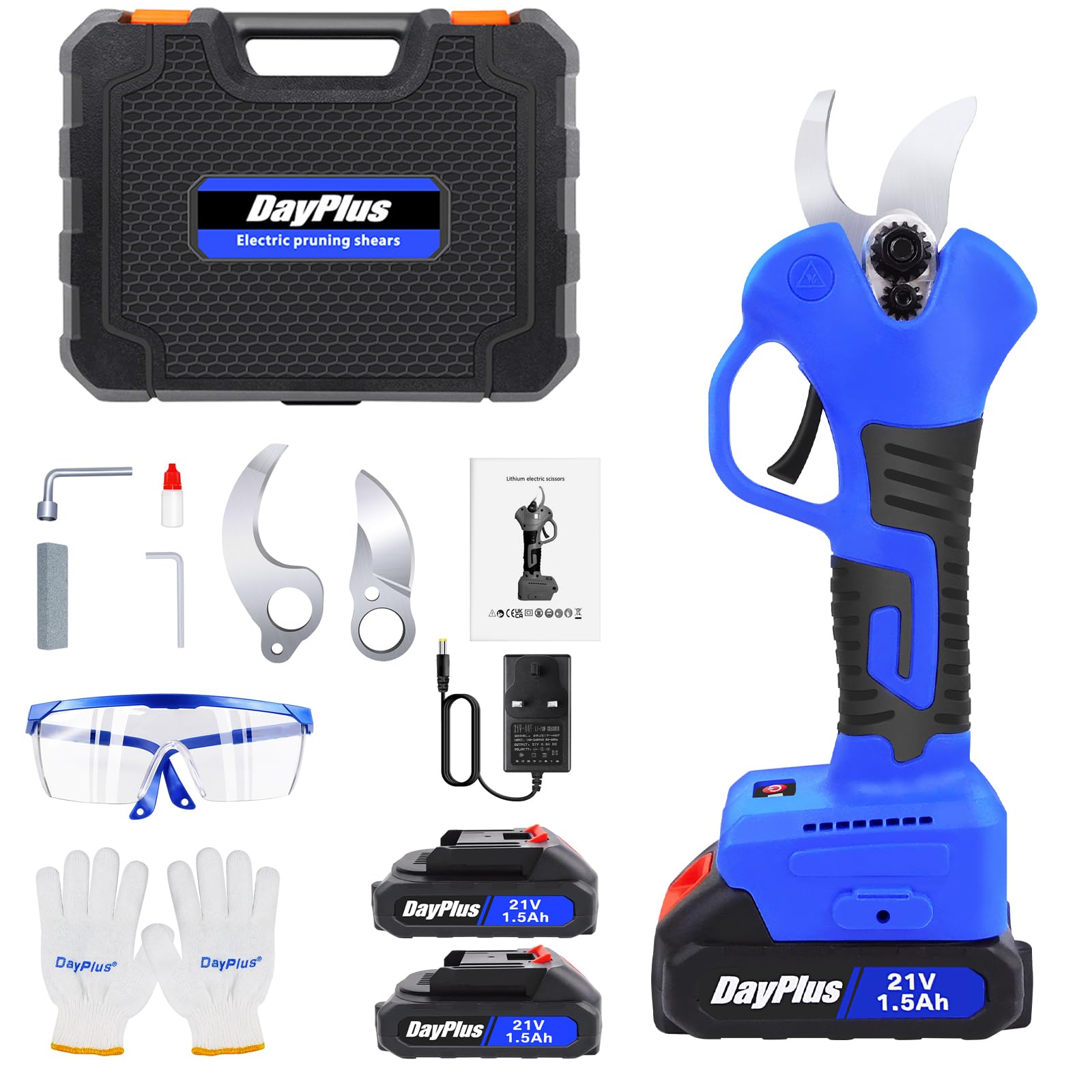 DayPlus Tijeras de podar eléctricas profesionales, modernas, batería de 21 V, 2 x 1,5 Ah, 25 mm, color azul, acero al carbono
