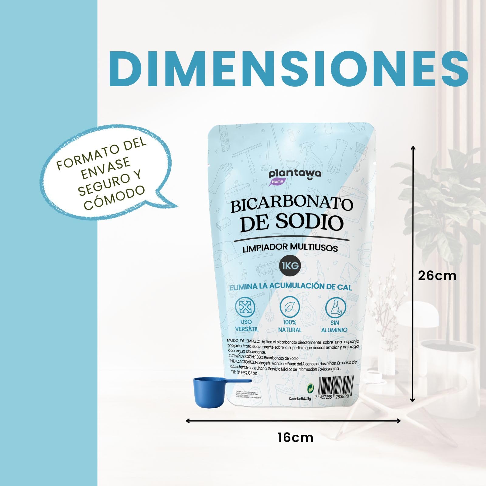 PLANTAWA Bicarbonato de Sodio 1kg Doypack | Polvo Multiusos para Limpieza del Hogar | Cierre Resellable | Alta Solubilidad | Bicarbonato Sódico Puro | Baking Soda Limpieza