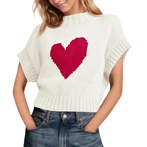 Saodimallsu Womens Cap Sleeve Cropped Sweater Mock Neck Cute Heart Loose Valentine Knit Tank Tops - Small - White