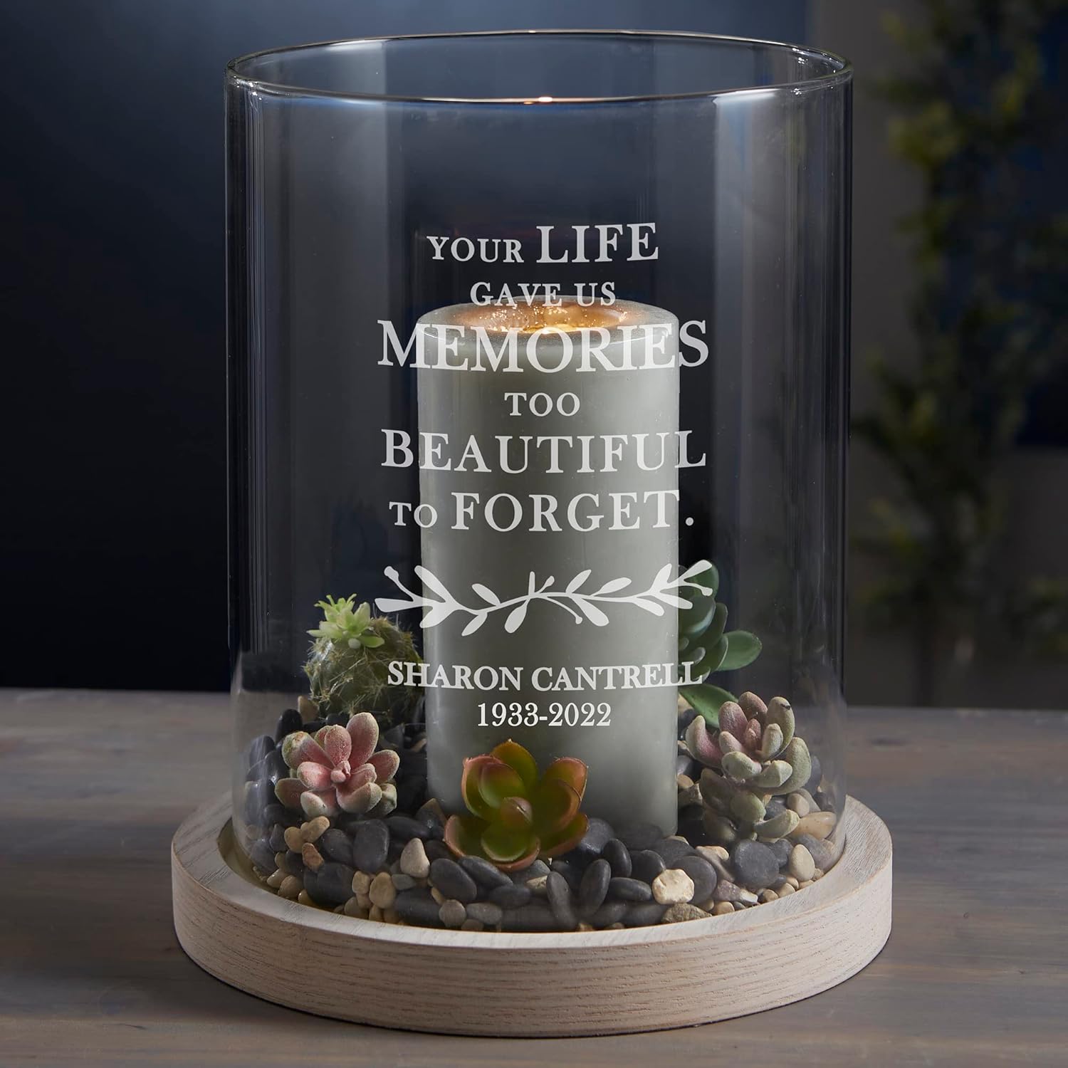 Personalization Universe Botanical Personalized Memorial Hurricane Glass Candle Holder with Whitewashed Wood Base, Indoor Use, Ideal Sympathy Gift, Memorial Decoration,Candle Holders,Floating Candles