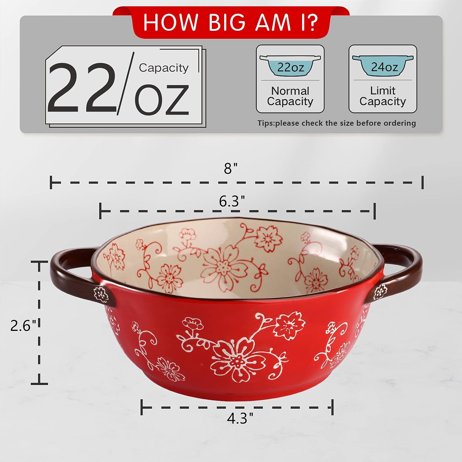 AVLA 4 Pack Ceramic Soup Bowls, 22 Ounces Porcelain Serving Bowl Set with Doundle Handle, Large Ceramic Crocks for French Onion Soup, Stew, Pasta, Cereal, Pot Pies ( Red ) : Home & Kitchen