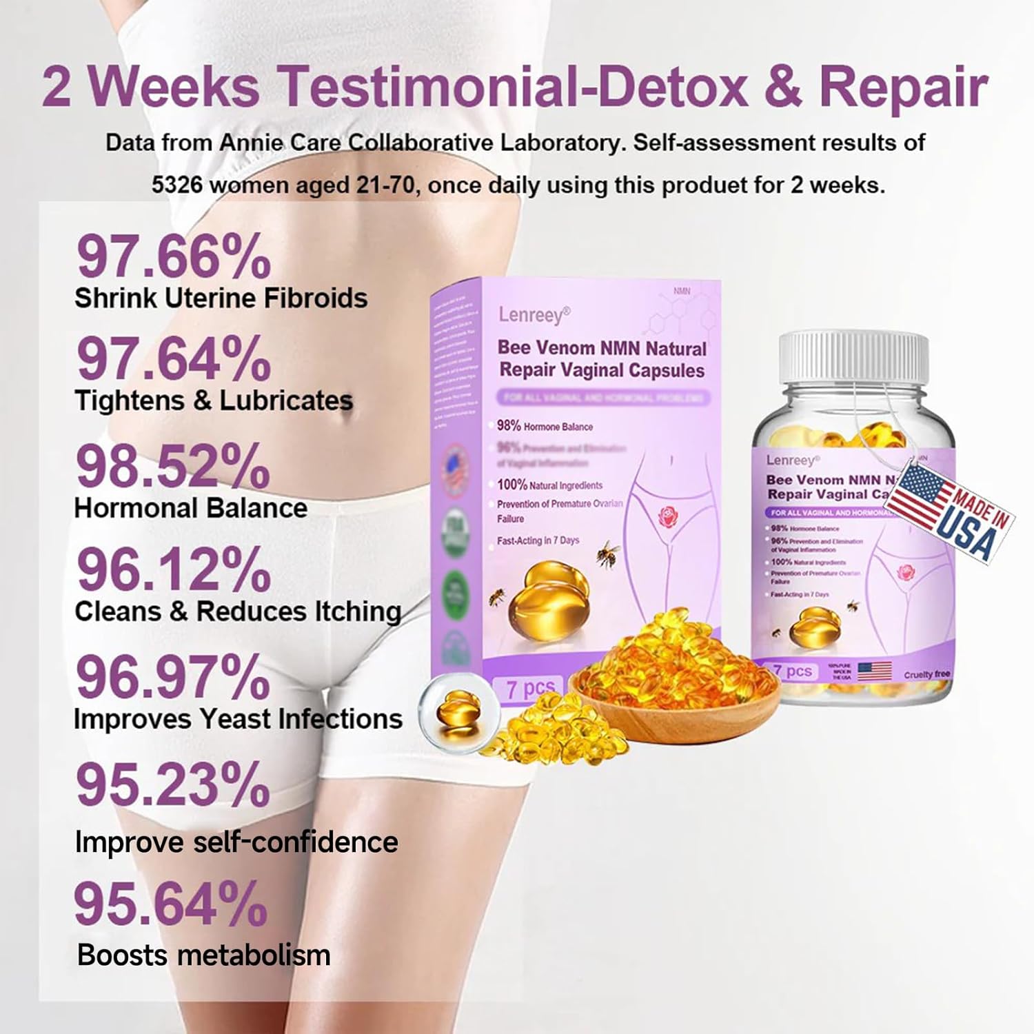 Lenreey Bee Venom Natural Vaginal Repair Capsules, 2024 New Bee Venom Vaginal Capsules, Instant Anti-Itch Detox Repair Capsules,Instant Anti-Itch Detox Products (4PCS, One size)