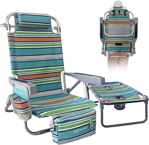 Silla de playa de aluminio con mesa de camping plegable de 5 posiciones, silla de descanso plana para exteriores para adultos con bolsa térmica