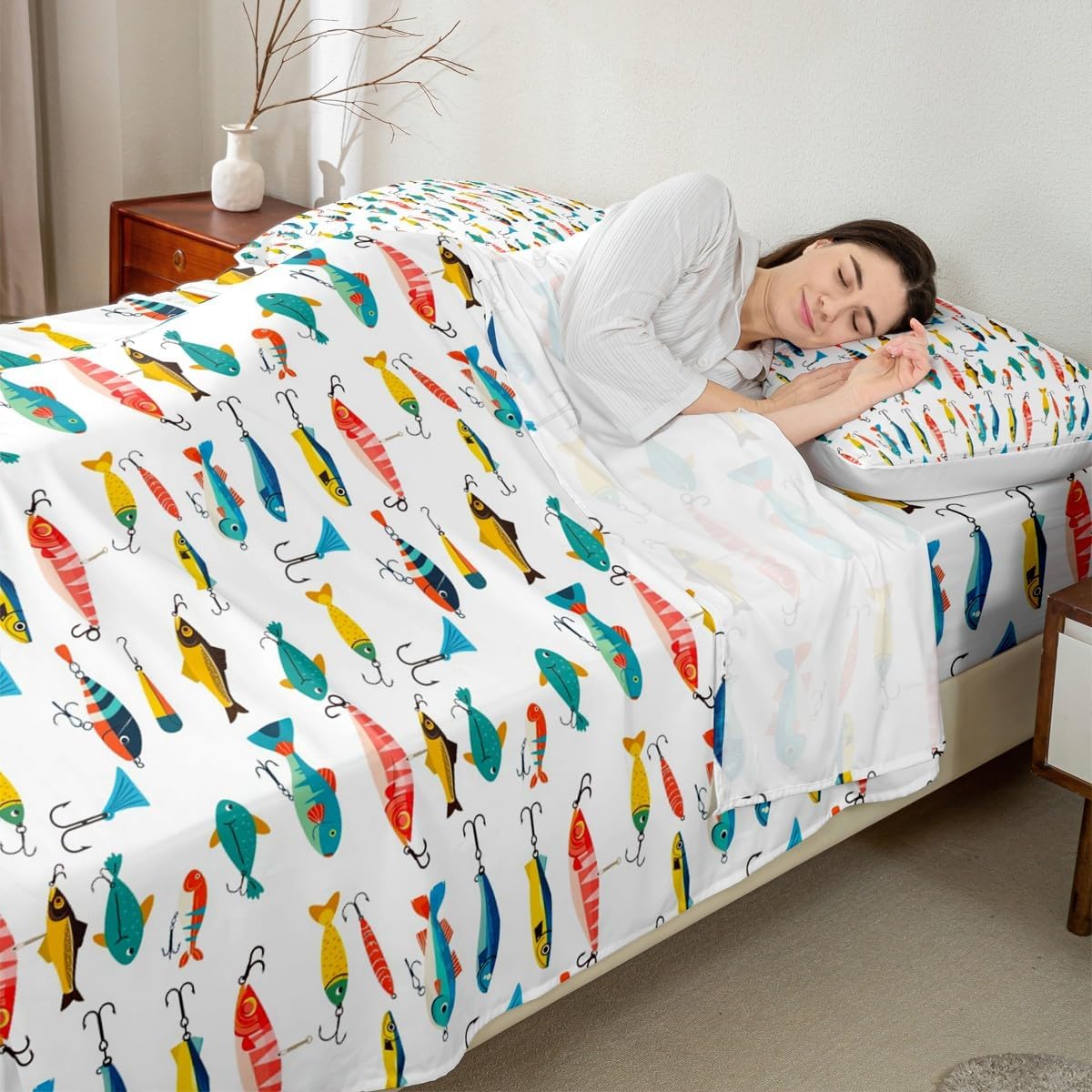 Fish Sheets Set Full Size Cute Fish Bait Sheets with Deep Pocket Fitted Sheet for Kids Boys Girls Colorful Fishing Hooks Bed Sheet Set Nature Fishing Theme Bed Set Room Decor 4Pcs with 2 Pillow Case
