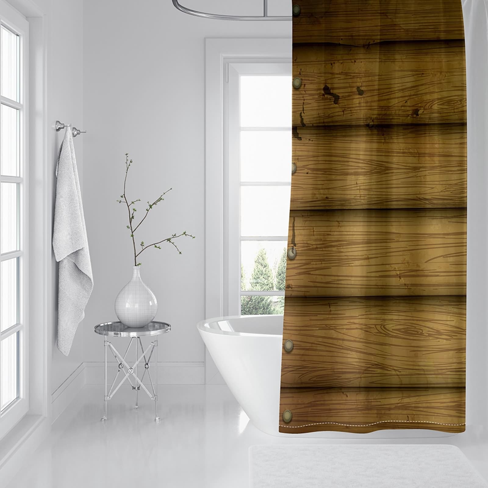 Cortina de ducha con anillas, poliéster amarillo trigo de madera horizontal cortina de ducha con grommets y ganchos, 165 x 180 cm