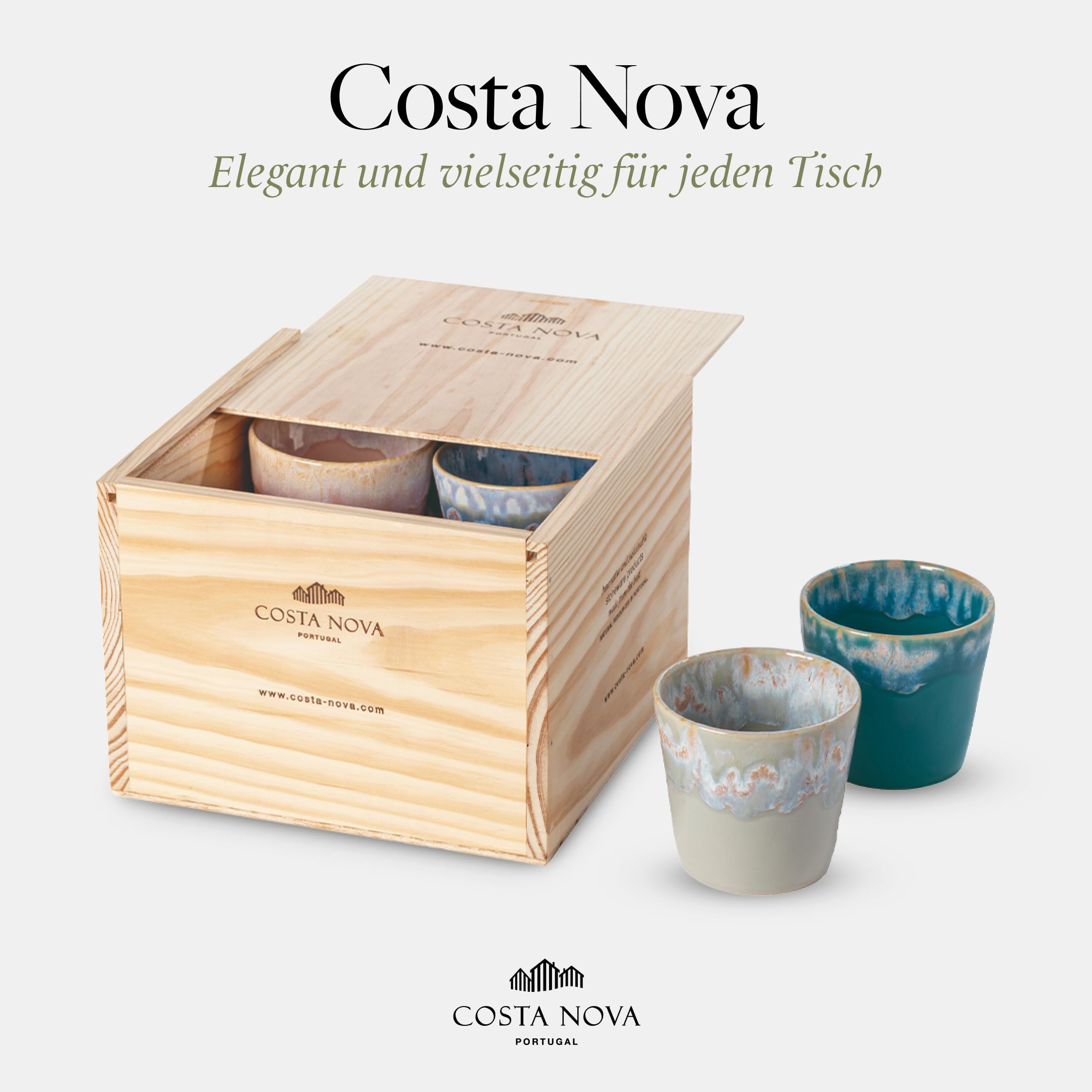 Costa Nova Geschenkset Grespresso: 8 Steinzeug-Tassen mit reaktiver Glasur, Handveredelt in Portugal, Stapelbare Espresso Becher in edler Holzbox, Spülmaschinenfest, Mehrfarbig, ⌀ 6,5 cm