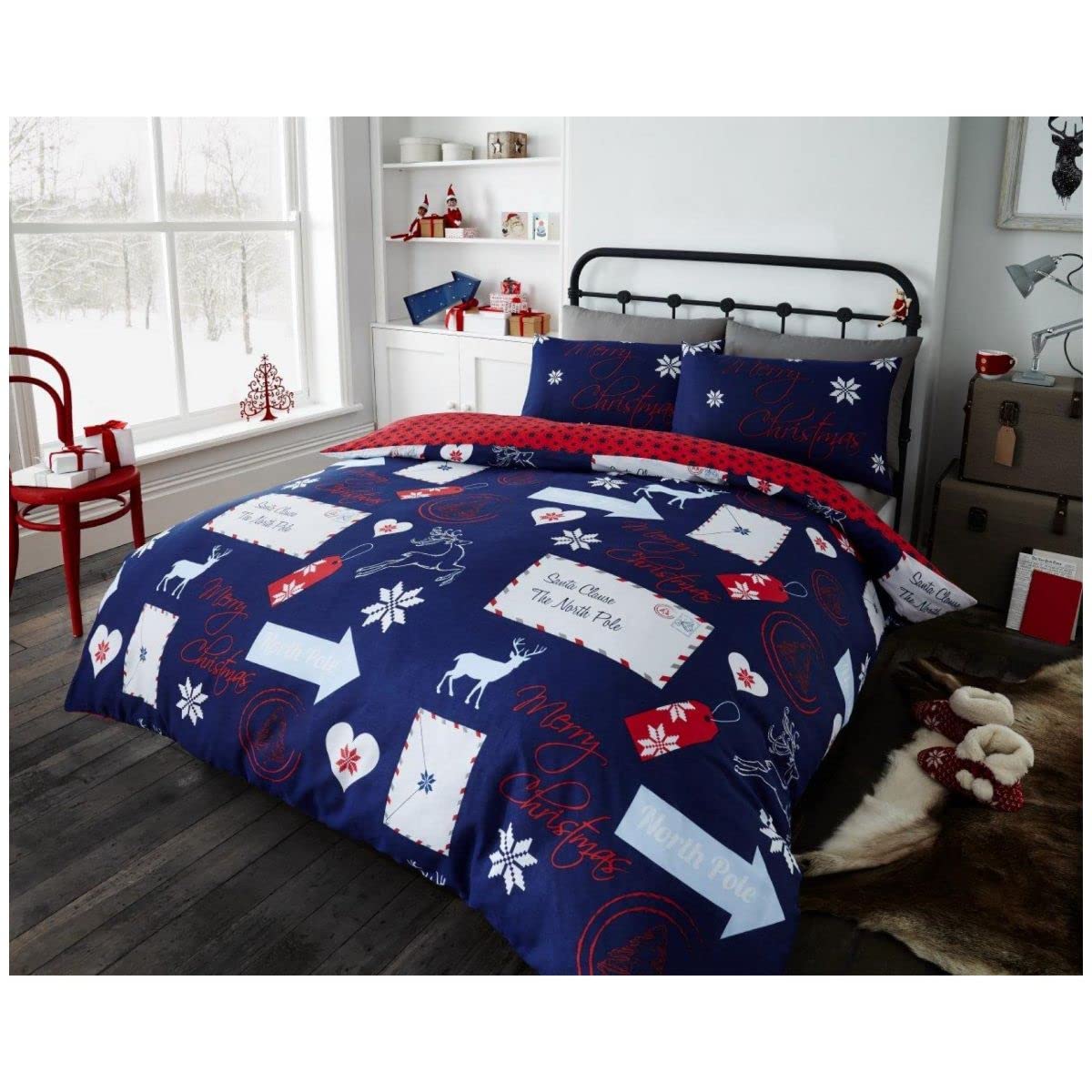 GC GAVENO CAVAILIA Xmas Santa Duvet Cover King Size, Warm & Cosy Christmas Bedding Quilt Set With Soft Pillowcases, Navy