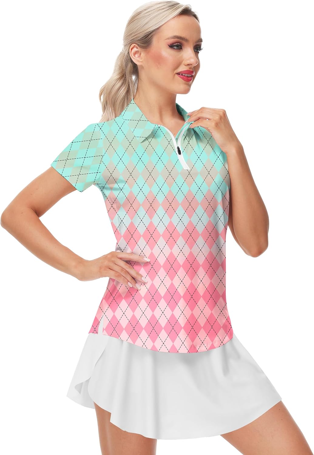 AOBUTE Women's Short Sleeve Golf Shirts Gradient 1/4 Zip Tennis Shirt - Image 2