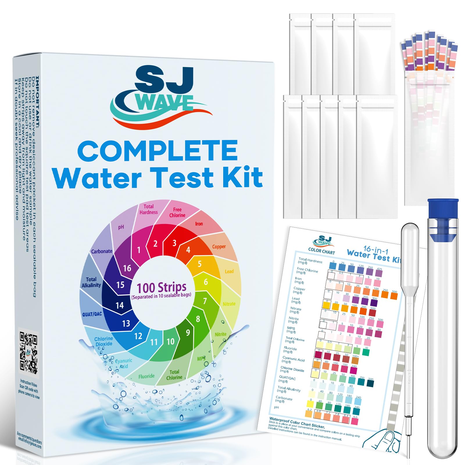 SJ WAVE 16 in 1 Drinking Water Testing Kits - 100 Strips (10 Strips Per Pouch) Water Testing Kits for Drinking Water, Home Tap and Well Water Test Kit for pH Hardness Lead Iron Copper Chlorine
