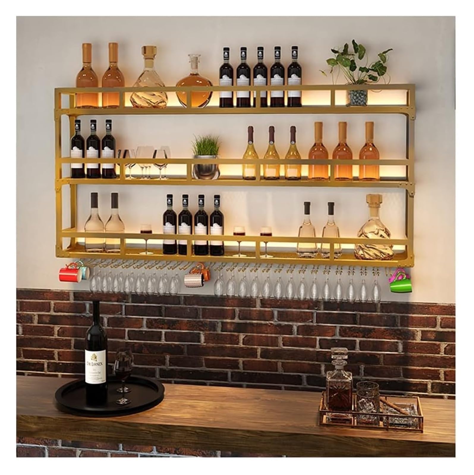 Stojaki na wino LED do montażu na ścianie, stojak na kieliszki do wina pływająca półka z wieszakiem na kieliszki, przemysłowy metalowy wiszący stojak na wino do domu, spiżarni, piwnicy, barów (kolor: