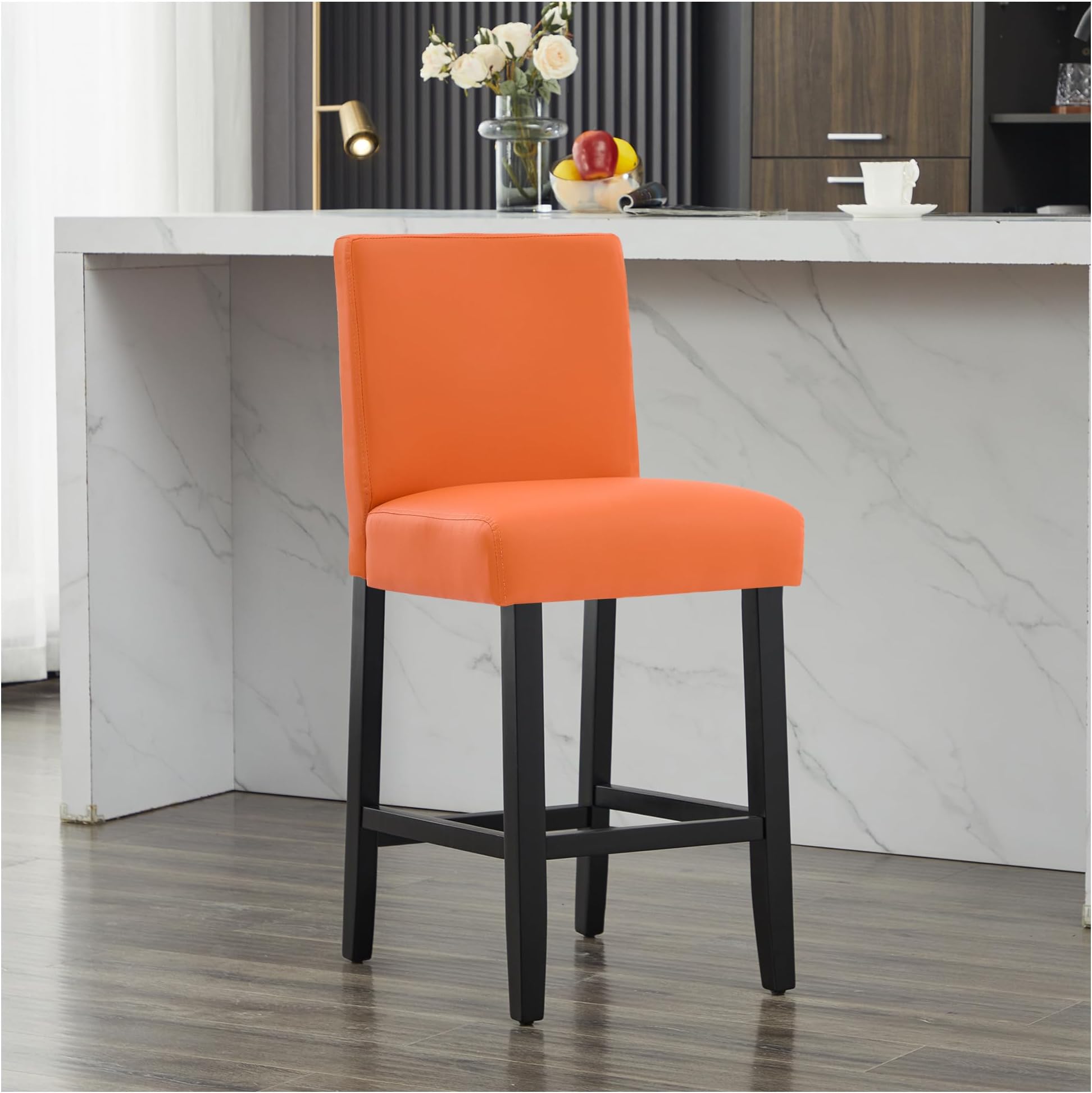 26'' Faux Leather Bar Stools, Modern Upholstered Bar Chairs with Back, Soild Wood Legs Barstools for Kitchen Island, Orange
