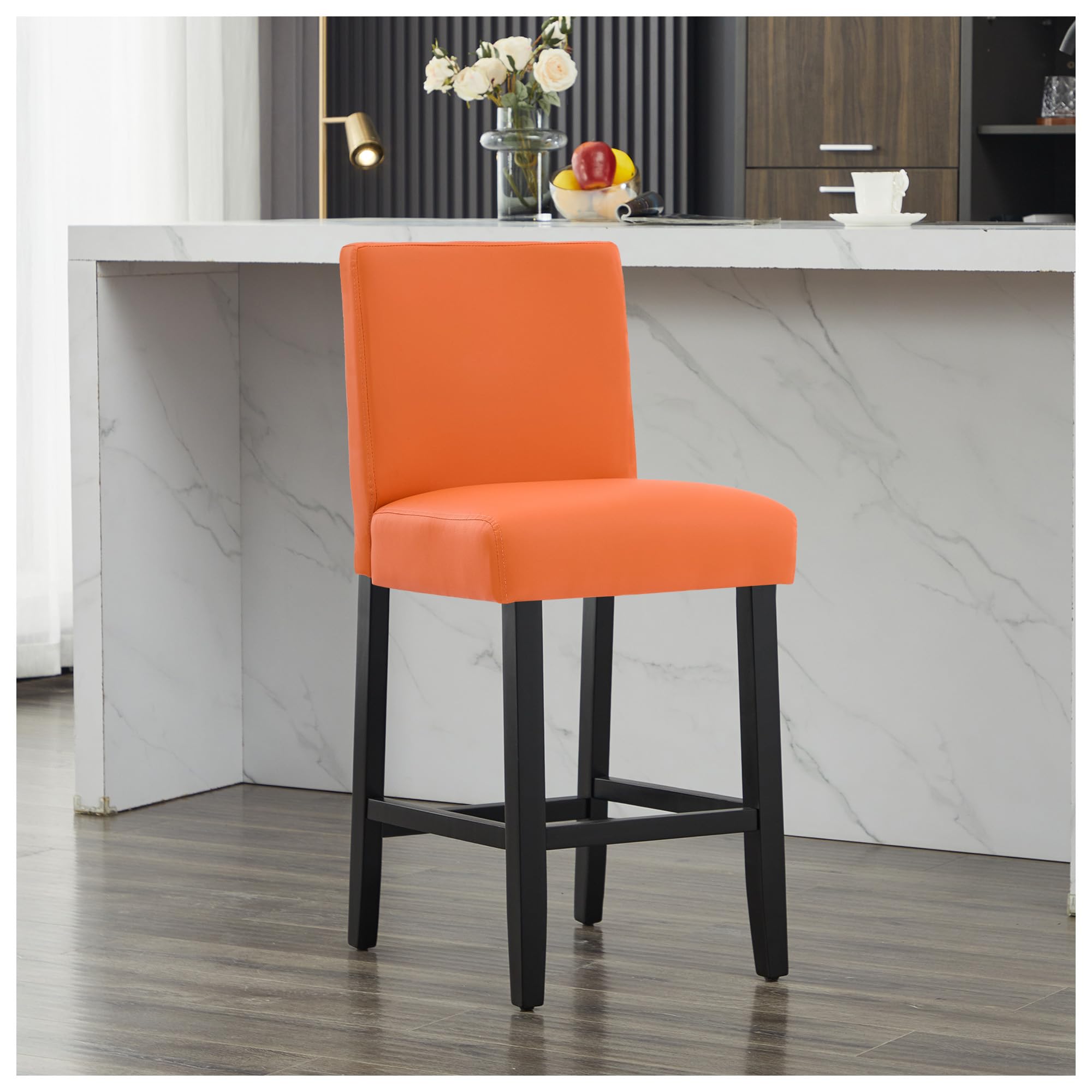 26'' Faux Leather Bar Stools, Modern Upholstered Bar Chairs with Back, Soild Wood Legs Barstools for Kitchen Island, Orange