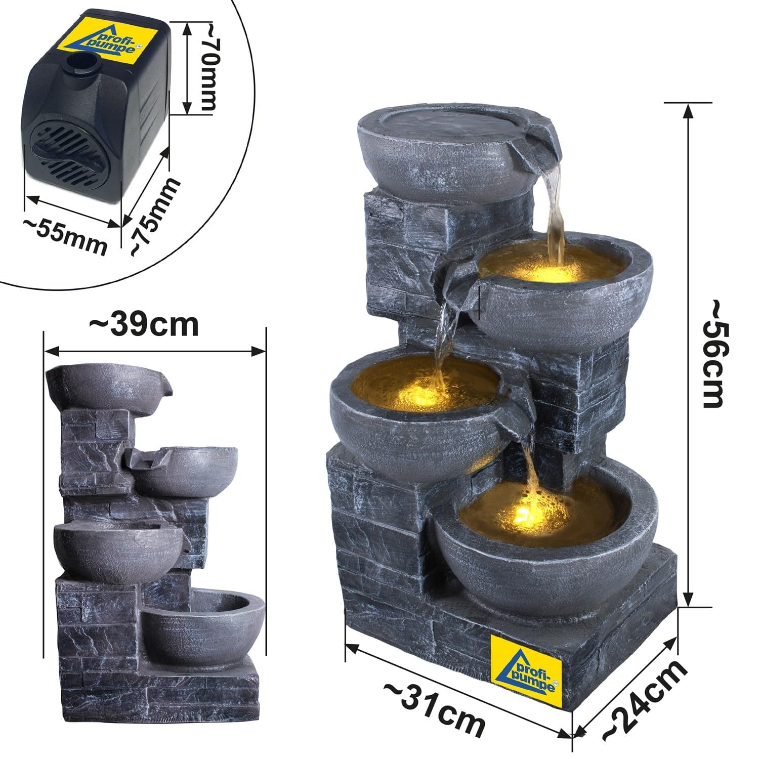 Fontana da giardino, fontana decorativa, fontana per interni, fontana con luce LED, 230 V, cascata, giochi d'acqua per giardino, laghetto da giardino, terrazza, balcone