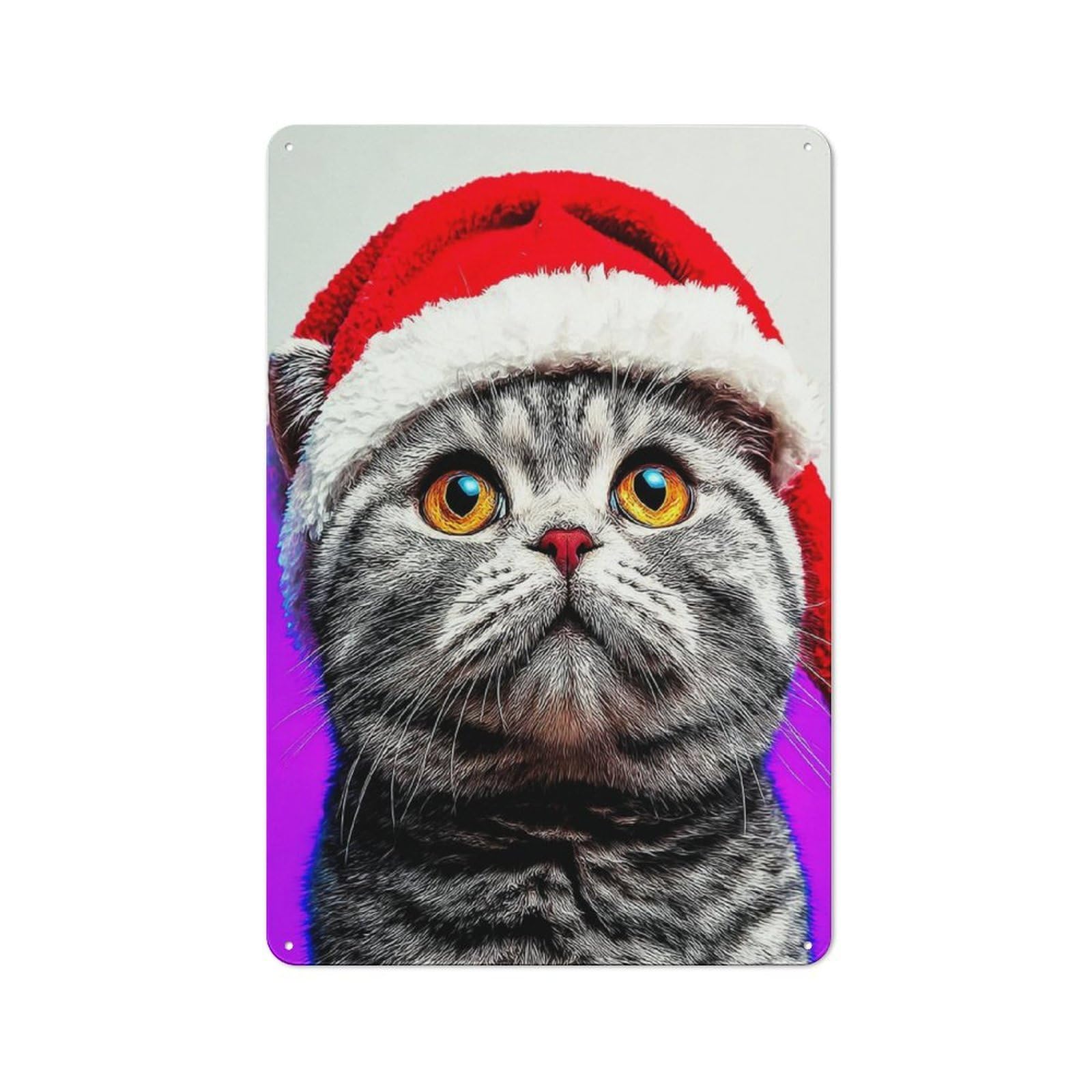 Junmoney Christmas Cat In Santa Hat Rustic Metal Sign 30X20cm For Café Or Restaurant, Suited To Café Owners And Decorators