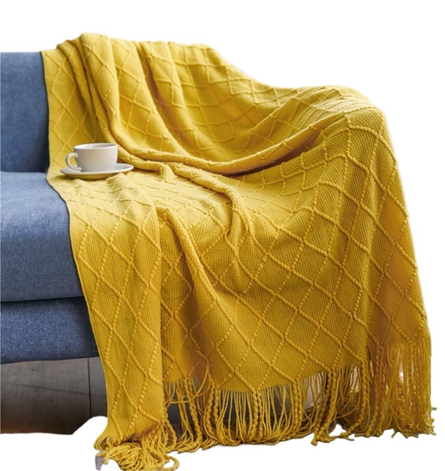 KiddiBubzi Soft Cozy Vintage Textured Knitted Throw Blankets With Tassels Lightweight Decorative Throws Farmhouse Woven Blanket For Adults(Color 1)
