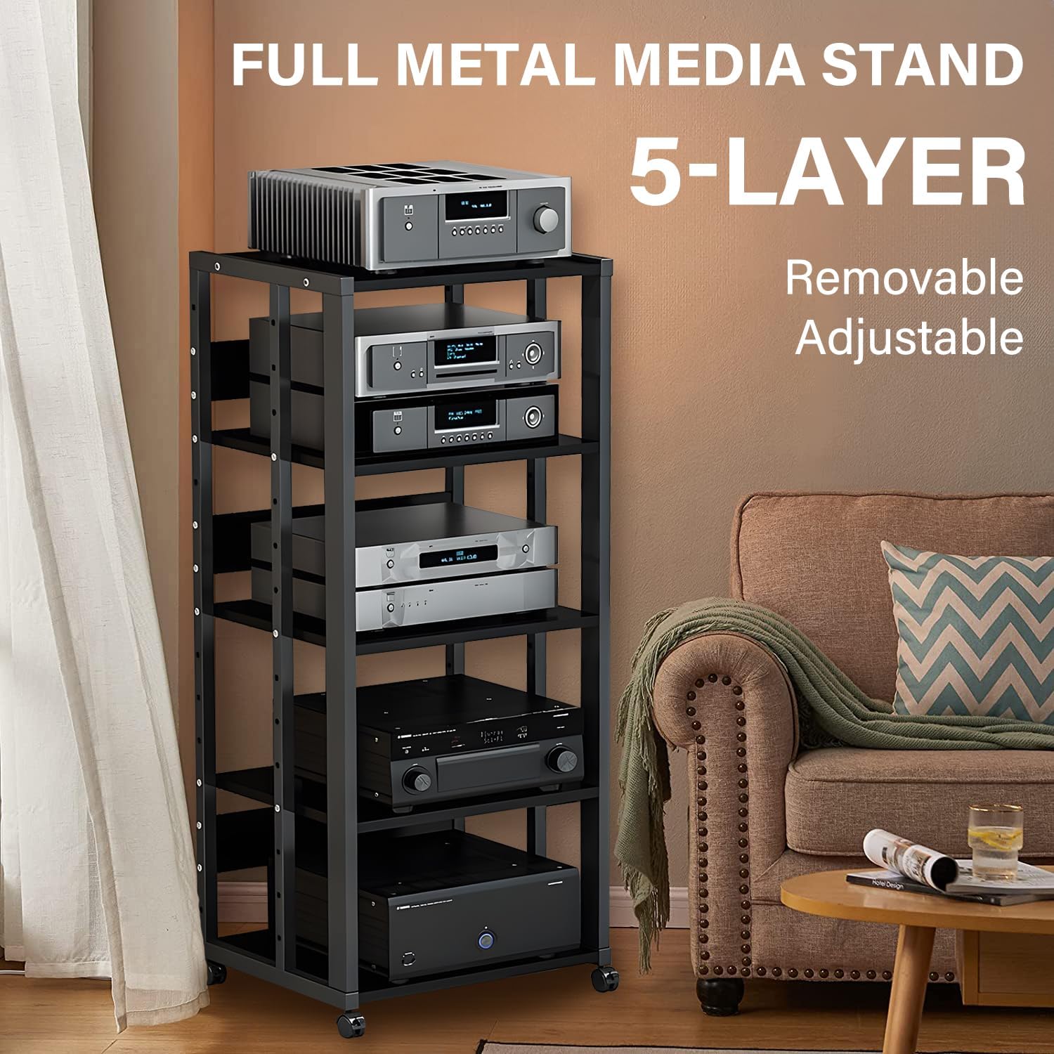 5-Tier AV Media Stand with Wheels, Media Console Cabinet With Adjustable Shelves, Metal Audio Rack, Mobile Game Console Stand, Stereo Audio Cabinet For Record Player, Dvd, TV Box
