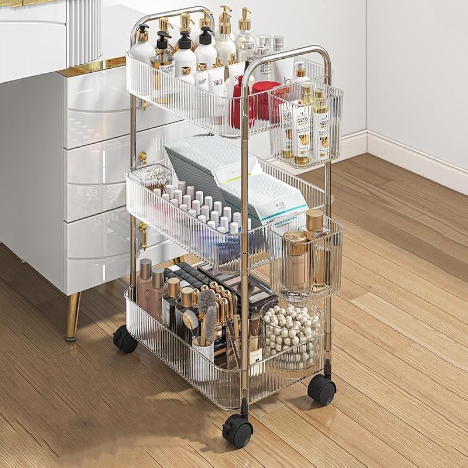 3 Tier Rolling Cart with Wheels, Storage Cart with 3 Baskets and Handles, Multifunctional Rolling Storage Cart for Bathroom, Kitchen, Office, Bedroom, Living Room